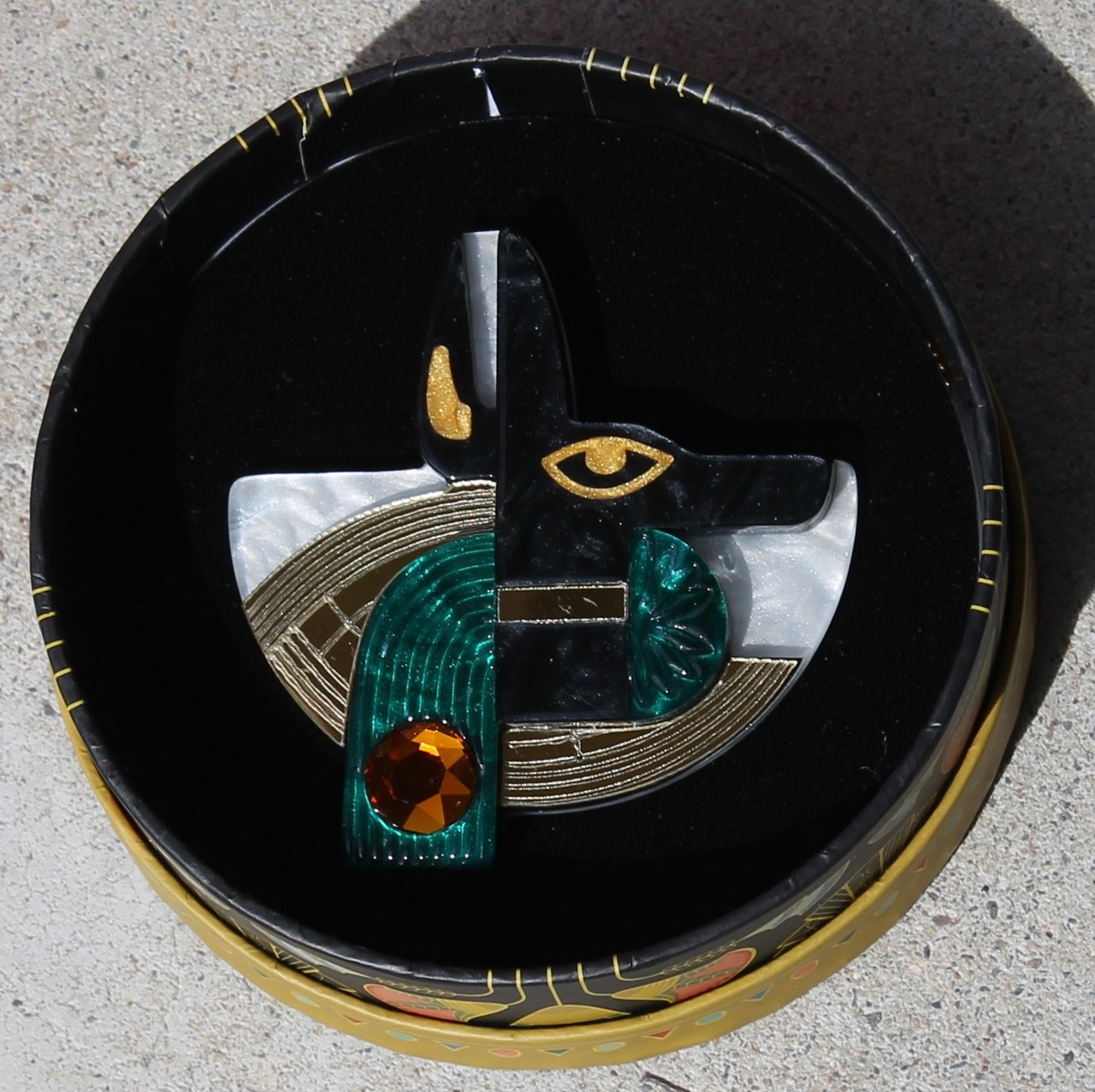 Erstwilder Brooch - Master of Secrets Anubis - morpeth antique centre hunter valley erstwilder brooch earring ring necklace mirror compact egypt egyptian revival art deco collectable retro land of gods nile pharaoh lotus leaf master of secrets anubis jackal headed god dog