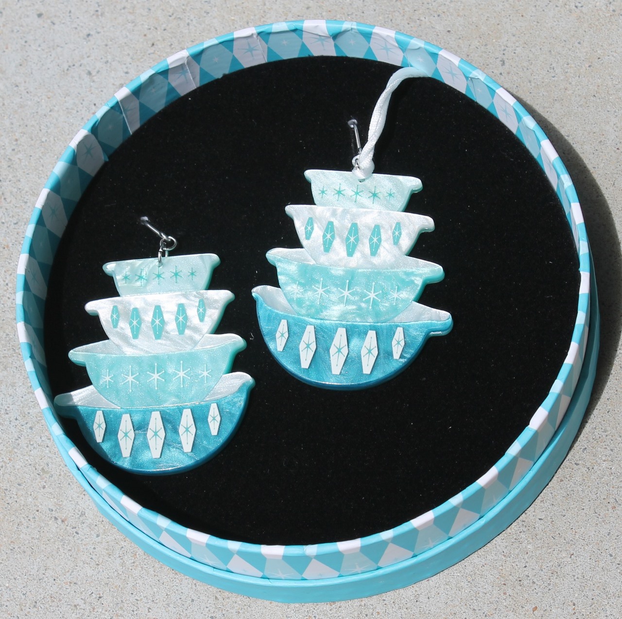 Erstwilder Earrings - Nanna's Prized Diamond Bowls - morpeth antique centre hunter valley erstwilder vintage kitchen earrings brooch pin nana's prized favourite flower diamond bowls pyrex fire king crown tin biscuit cakes