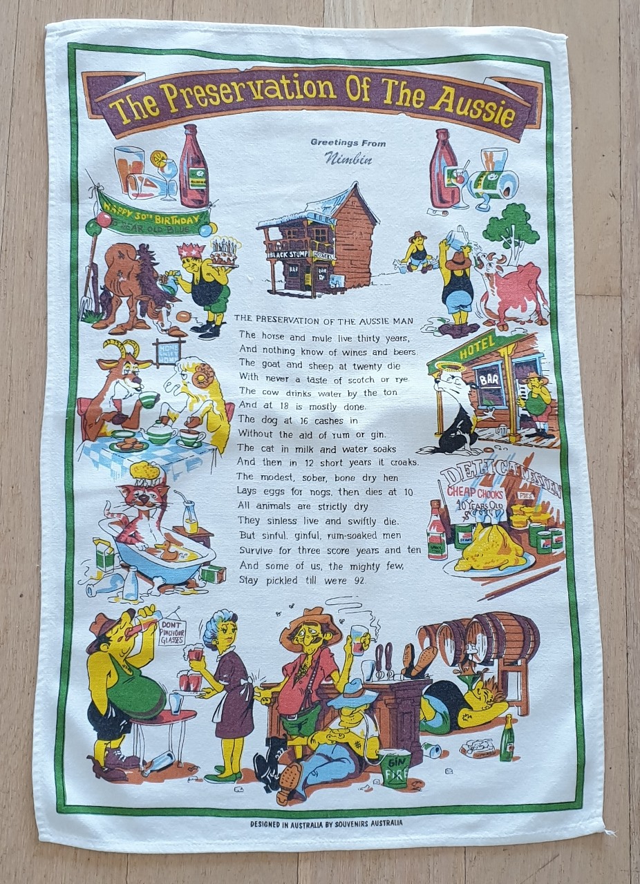 Teatowel - Aussie Vernacular, Nimbin - morpeth antique centre hunter valley road trip vacation holiday vintage tea towels linen cotton preservation of the aussie nimbin