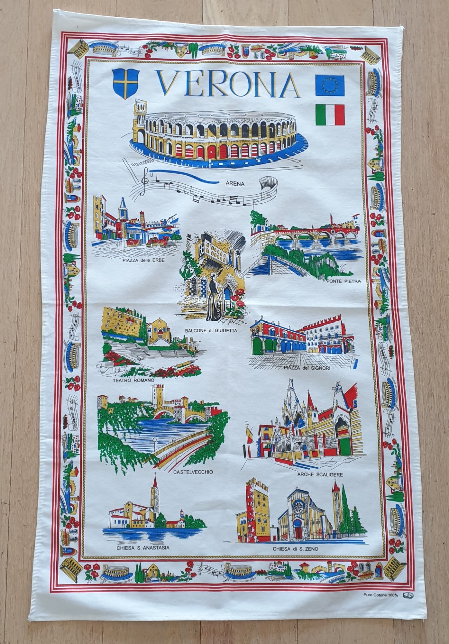 Teatowel - Verona, Italy - morpeth antique centre hunter valley road trip vacation holiday vintage tea towels linen cotton italy verona romeo juliet balcony colosseum ampitheatre