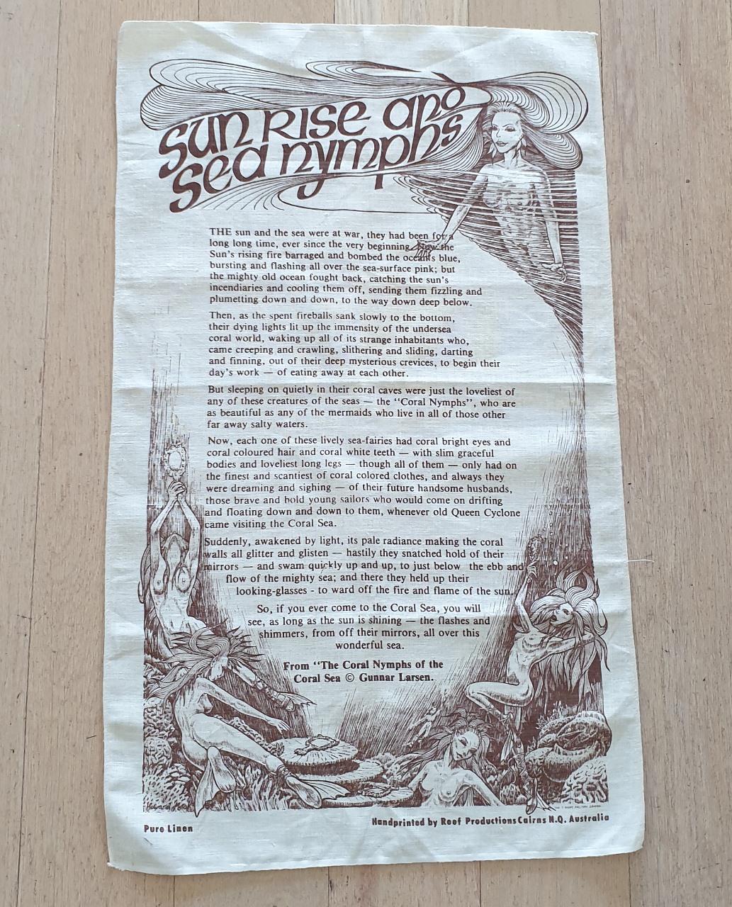 Teatowel - Sunrise & Sea Nymphs - morpeth antique centre hunter valley road trip vacation holiday vintage tea towels linen cotton sun rise and sea nymphs story poem song verse