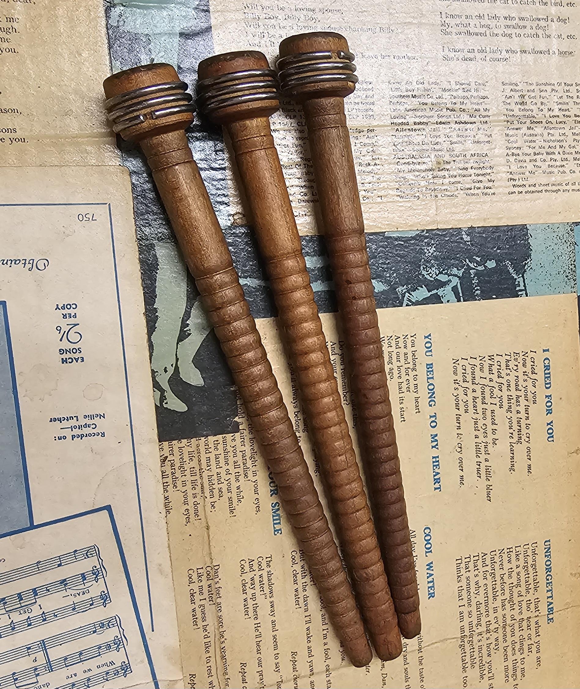 Bobbin - Quill with narrow bands - morpeth antique centre hunter valley industrial textile bobbin wooden metal england canada america shuttle ratchet banded vintage antique quill shuttle