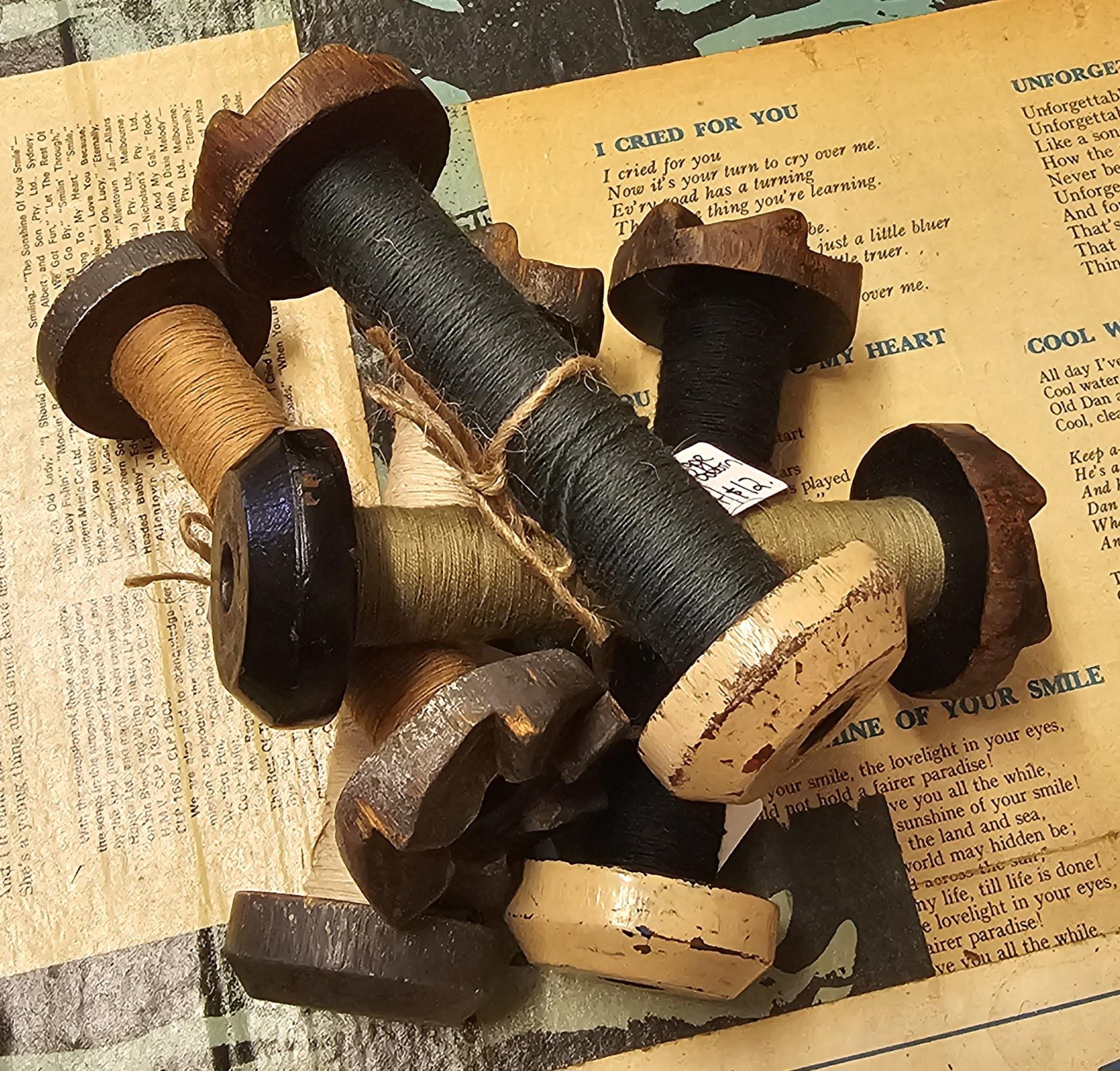 Bobbin - Braider with Black Thread - morpeth antique centre hunter valley industrial textile bobbin wooden metal england canada america shuttle ratchet banded vintage antique ratchet