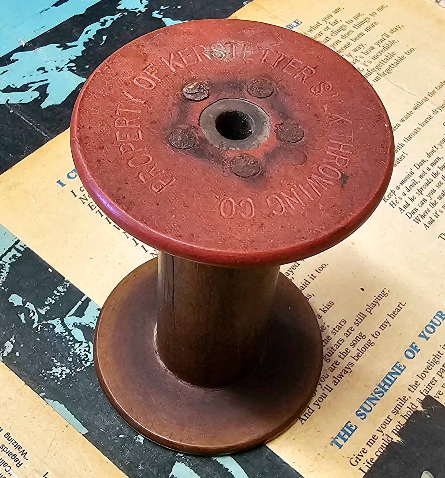 Bobbin - Kerstetter Silk Throwing Co. - morpeth antique centre hunter valley industrial textile bobbin wooden metal england canada america shuttle ratchet banded vintage antique kerstetter silk