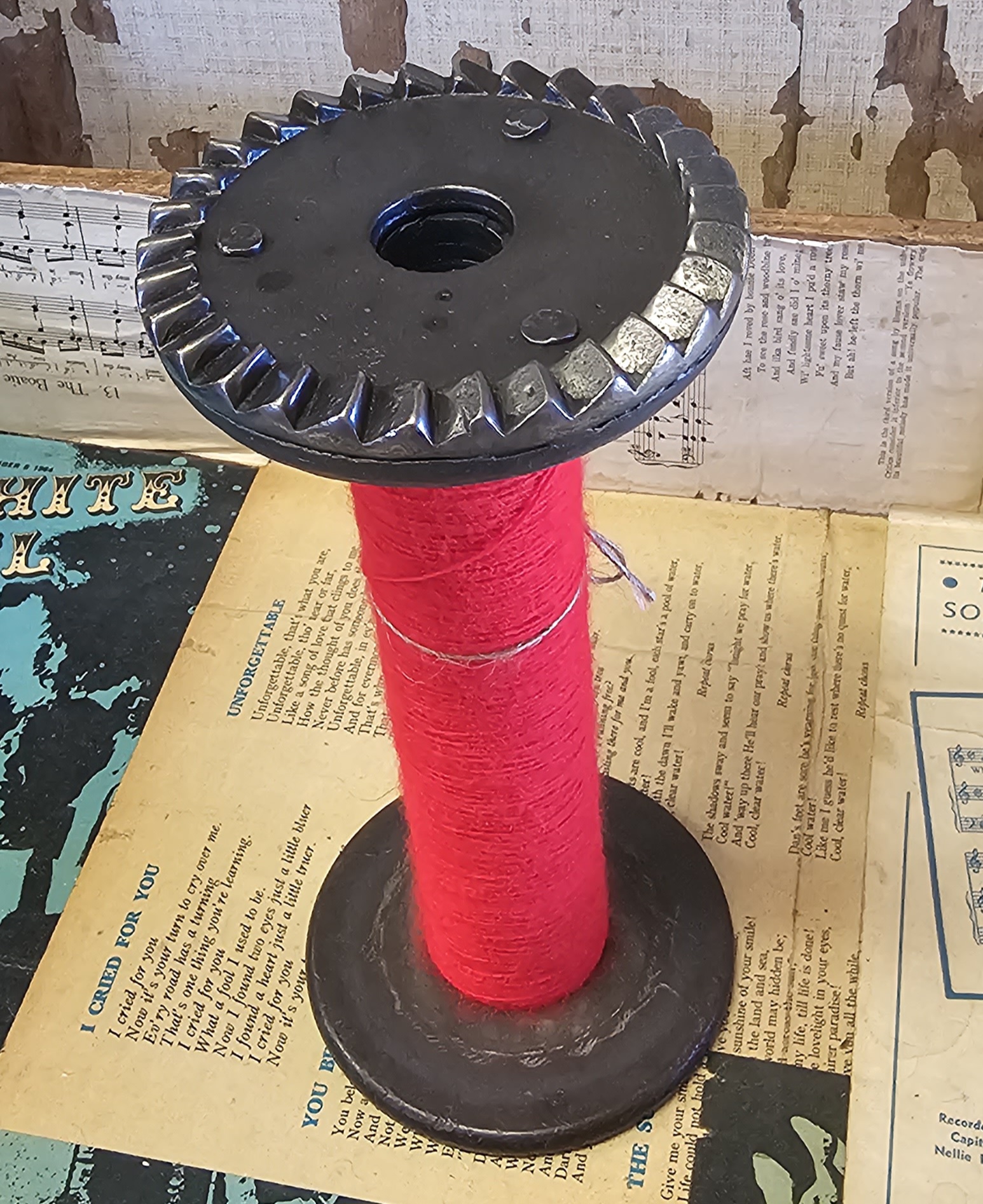Bobbin - Braider with Red Thread - morpeth antique centre hunter valley industrial textile bobbin wooden metal england canada america shuttle ratchet banded vintage antique quill world of book story of published 1995 braider red yarn thread cotton