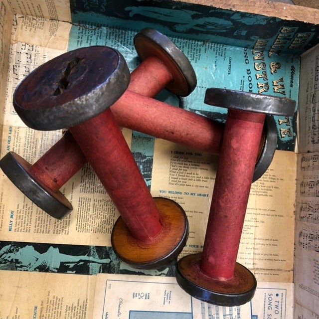 Bobbin - Finishing (Red) - morpeth antique centre hunter valley industrial textile bobbin wooden metal england canada america shuttle ratchet banded vintage antique quill black thread yarn