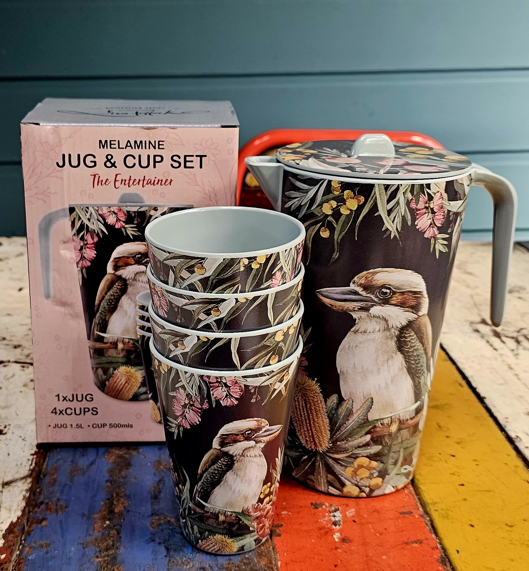 Jug & Cup Set - Kookaburra - morpeth gift gallery hunter valley region lisa pollock bamboo entertaining australian artist eco friendly art from the heart serving board platter trinket tray cheese knife knives set duo melamine plastic salt pepper grinder chip dip spoon poppies tea time jug mug tumbler cup kookaburra