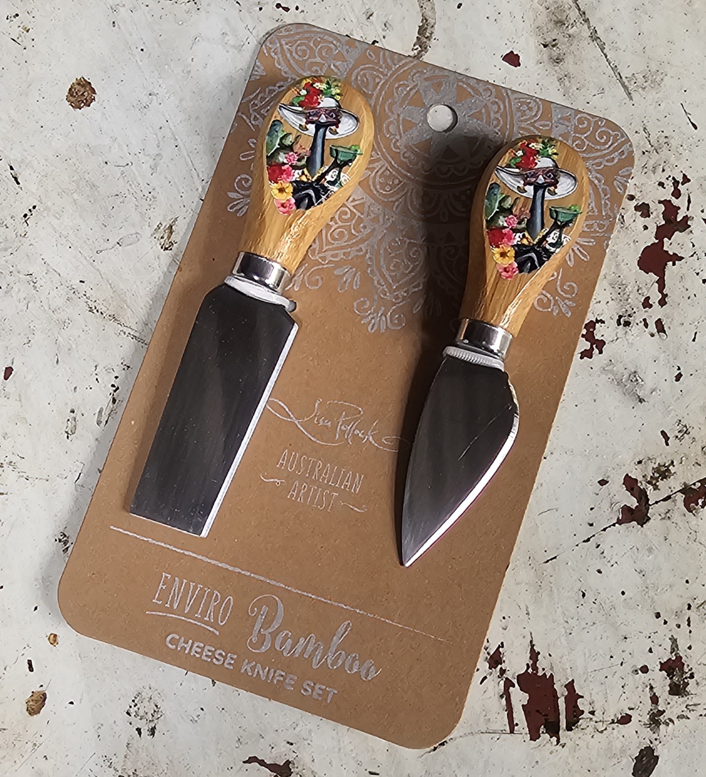 Cheese Knife Set - Emu - morpeth gift gallery hunter valley region lisa pollock bamboo entertaining australian artist eco friendly art from the heart serving board platter trinket tray cheese knife knives set duo emu