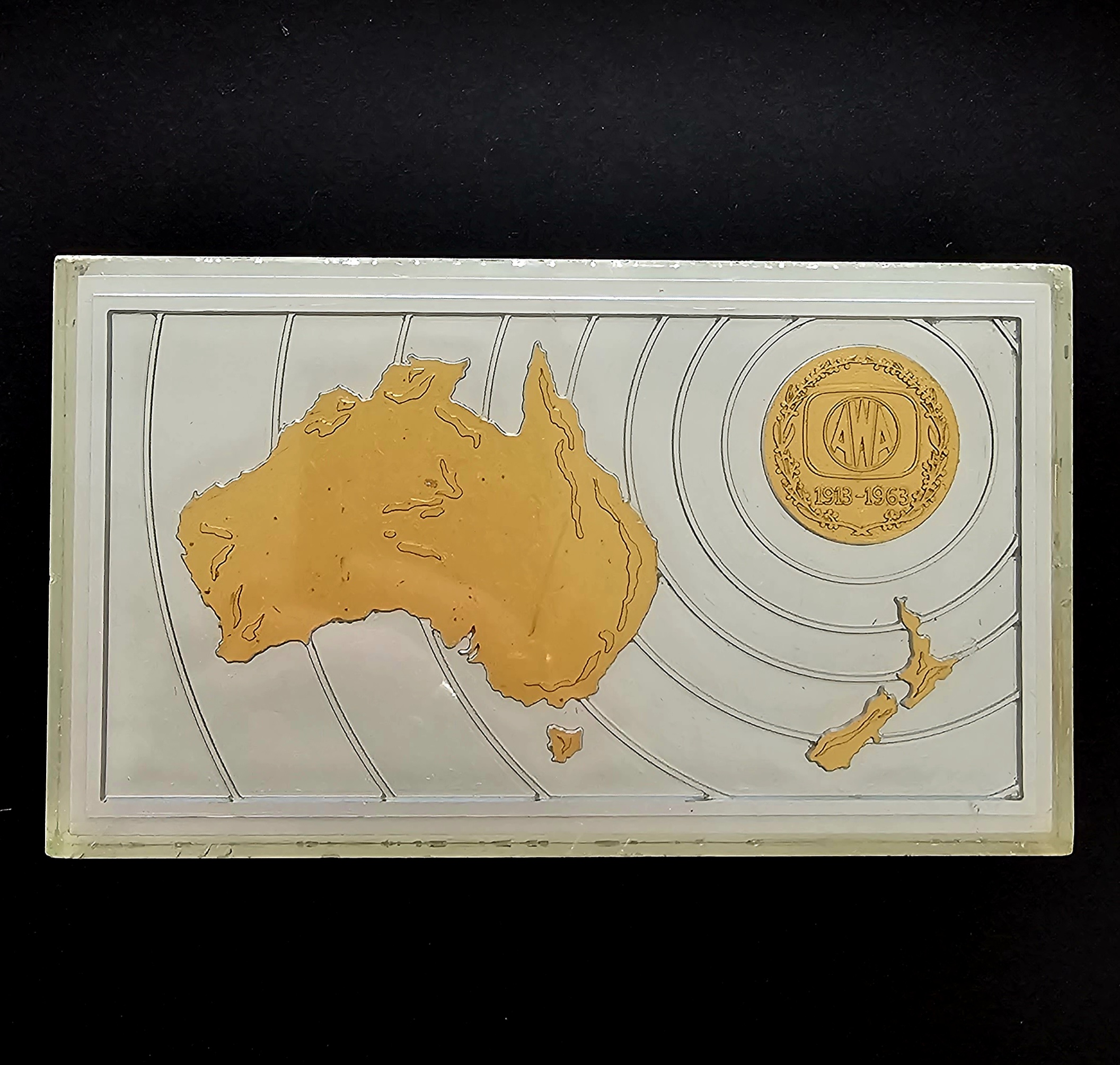 Amalgamated Wireless Australasia (AWA) 50 Years Commemorative Box. - morpeth antique centre hunter valley amalgamated wireless australasia commemorative fifty year anniversary box plastic awa marine coastal WWII new guinea defence military