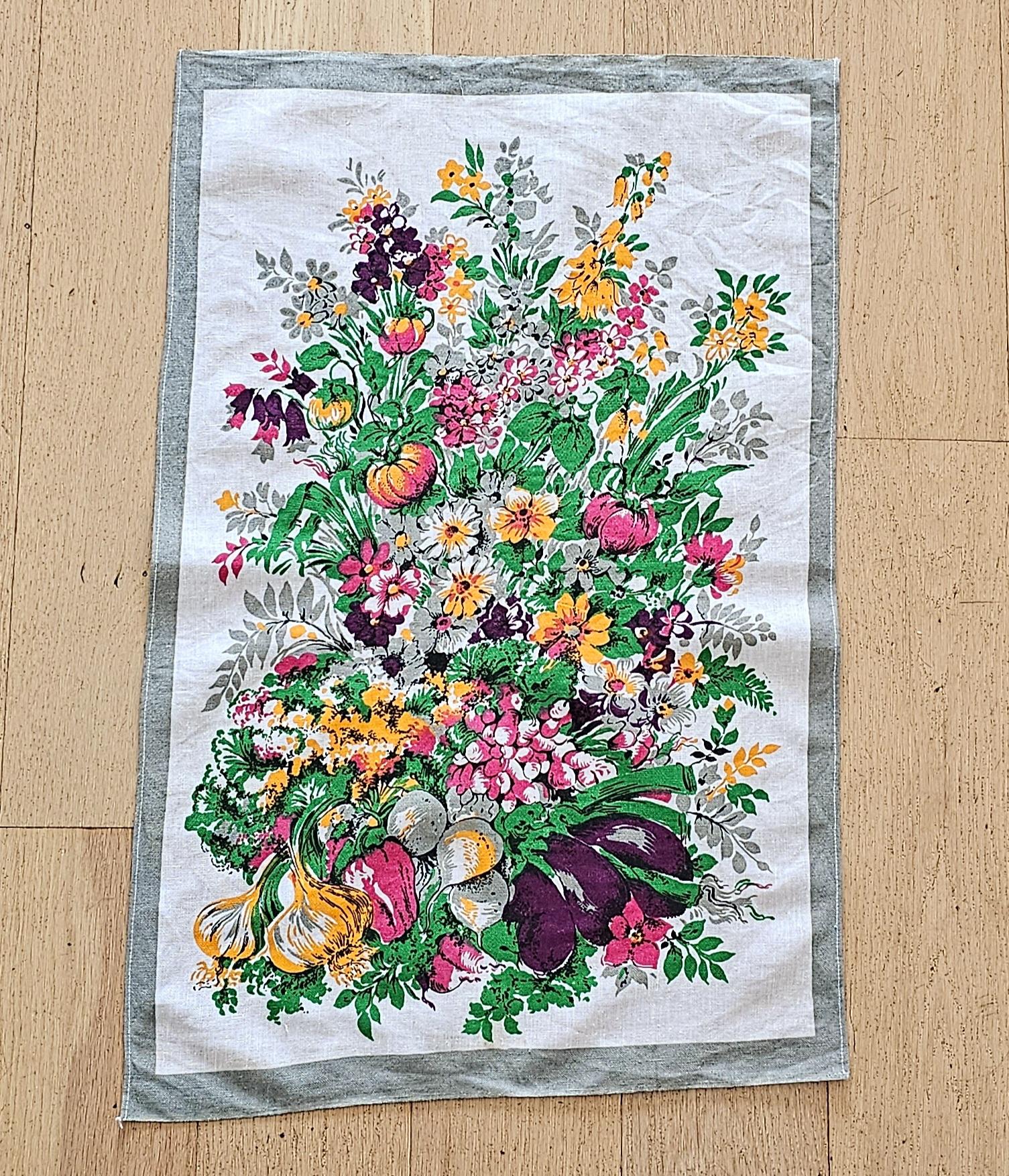 Vintage Teatowel - Florals & Vegetables - morpeth antique centre hunter region valley linen cotton irish poland czechoslovakia china tea towel road trip vintage cottage garden aubergine eggplant vegetables flowers