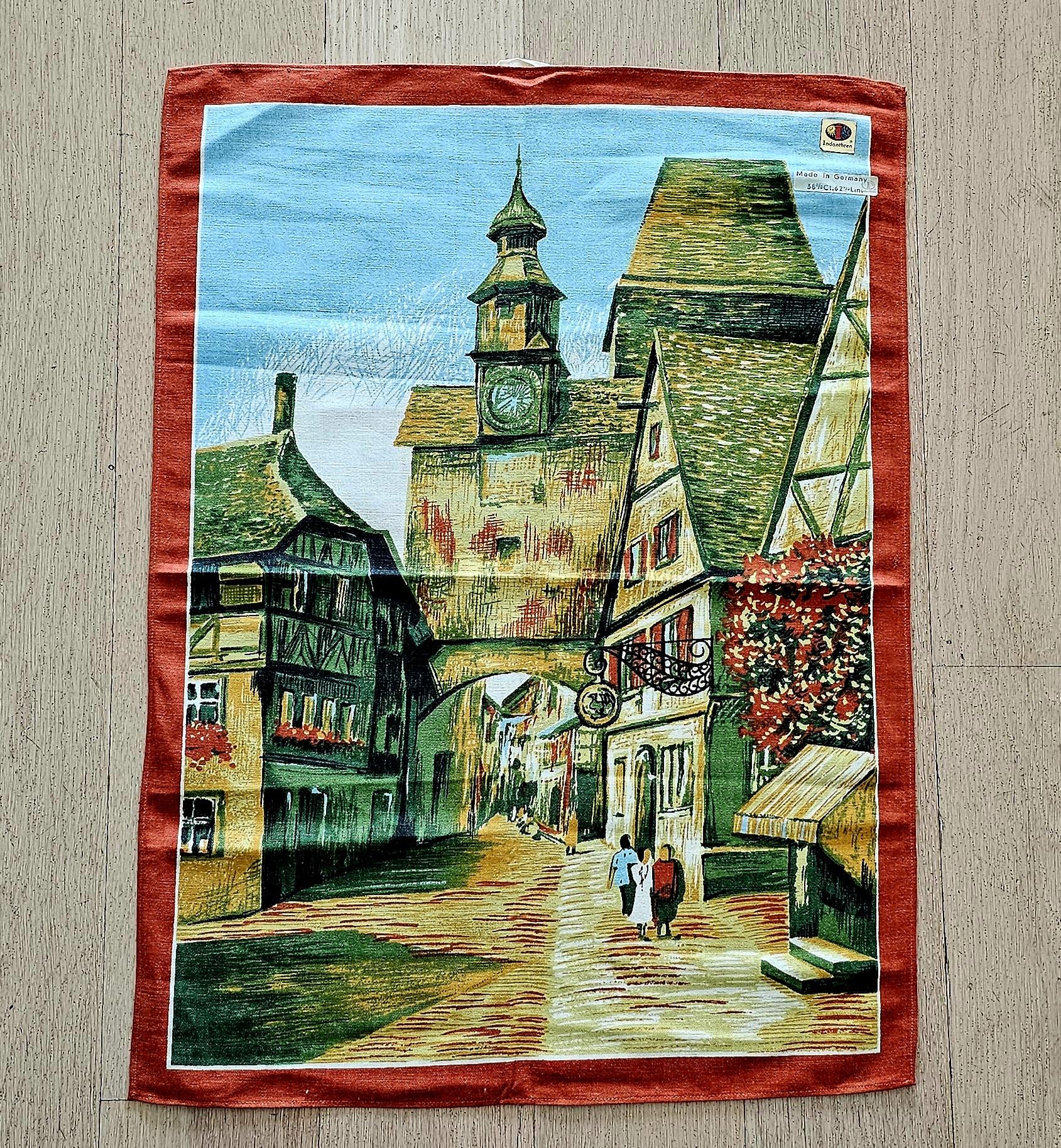 Vintage Teatowel - German Village - morpeth antique centre hunter region valley linen cotton irish poland czechoslovakia china tea towel road trip vintage german village life street tudor house clock tower