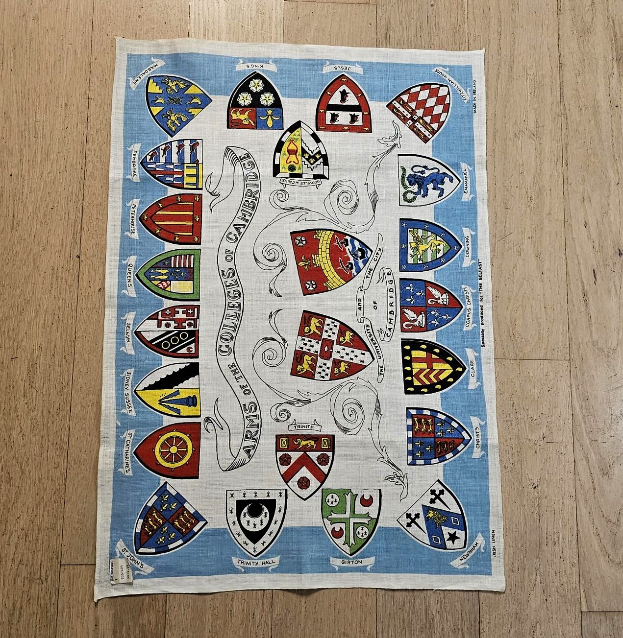 Teatowel - Arms of the College of Cambridge - morpeth antique centre hunter valley region vintage road trip tea towel linen cotton arms of colleges of cambridge united kingdom england