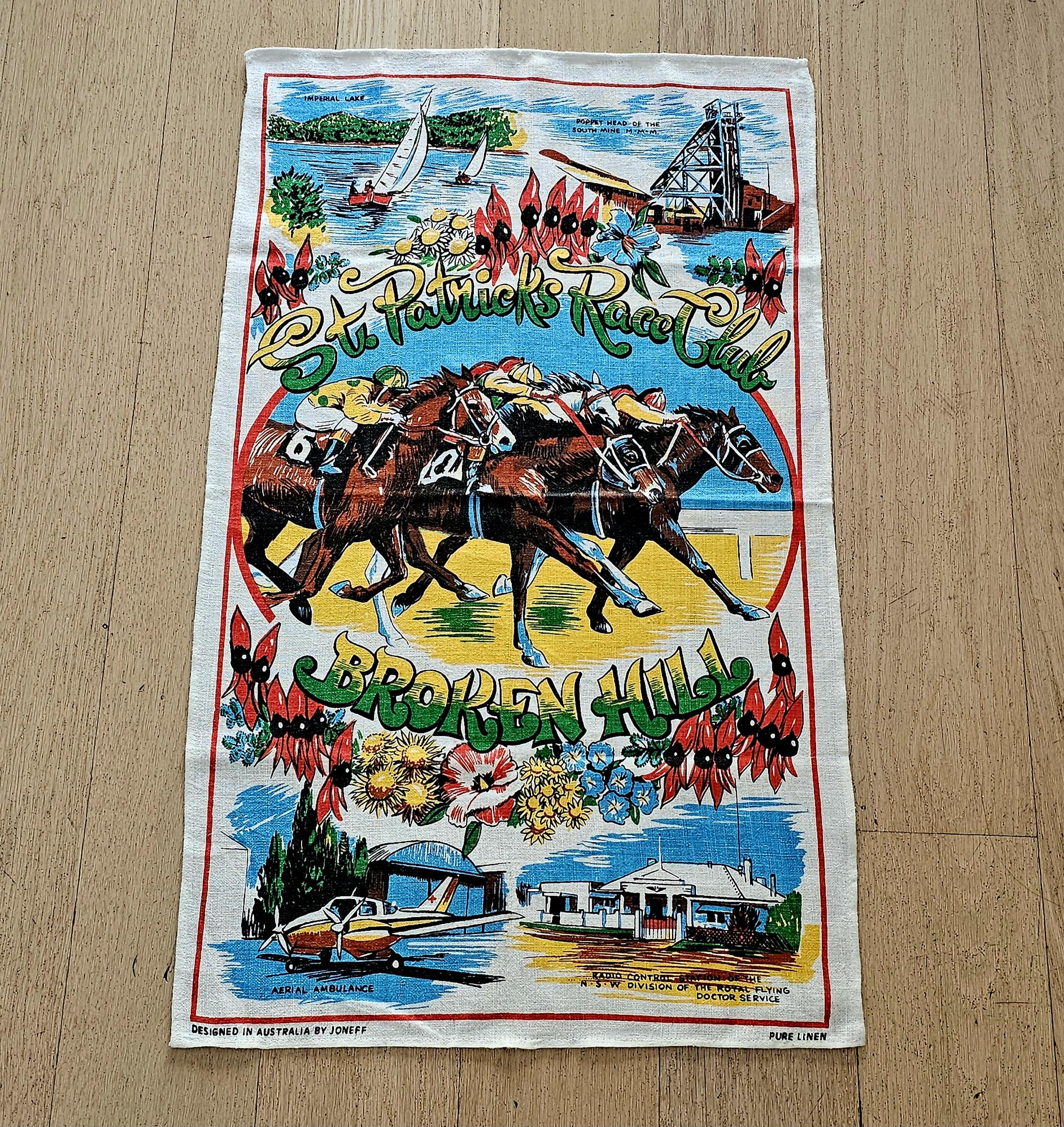 Teatowel - Broken Hill - morpeth antique centre hunter valley region vintage tea towel cotton linen blend road trip memory town village broken hill saint patrick's race club horse racing jockey giddy up