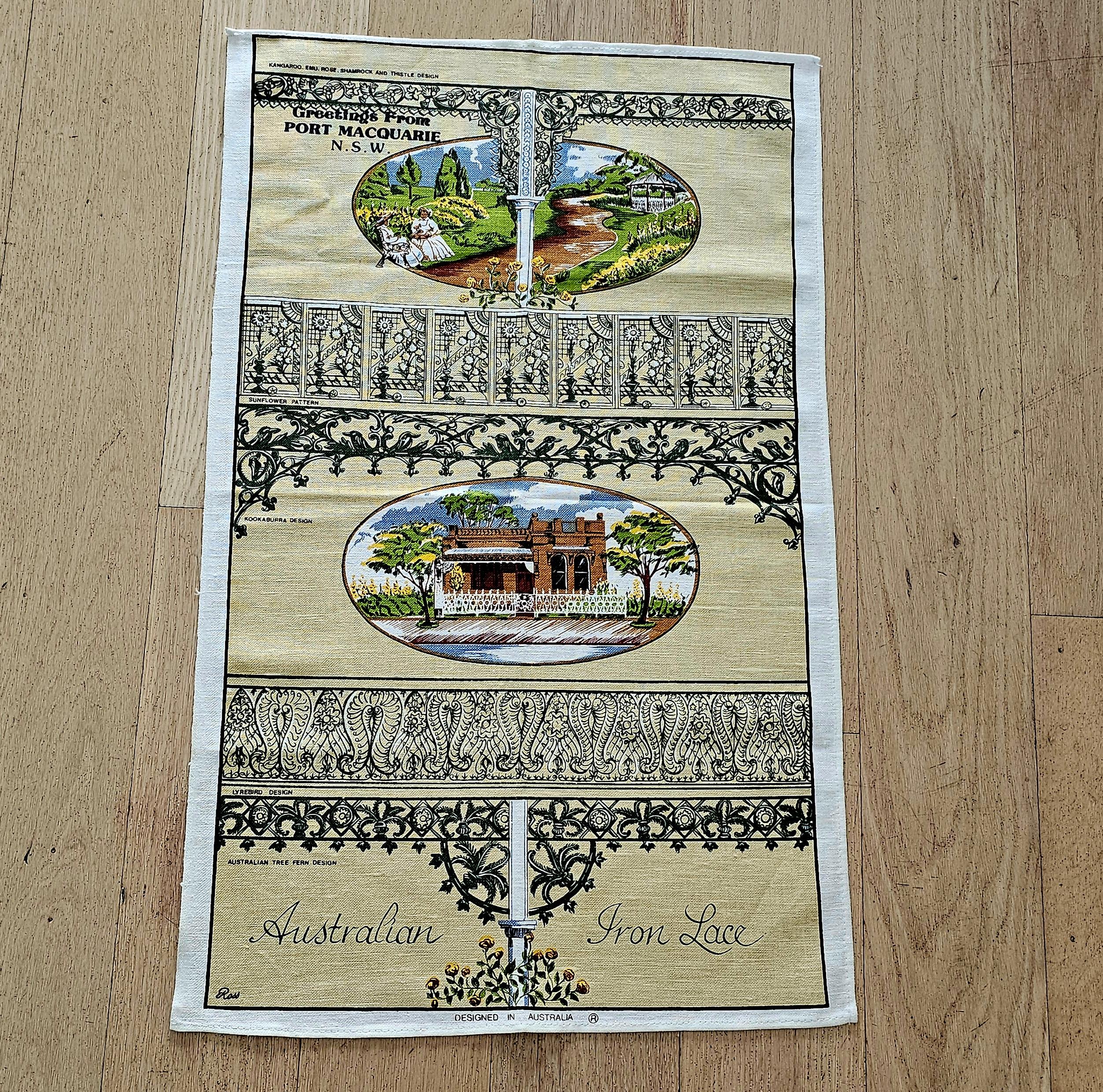 Teatowel - Port Macquarie (Iron lace) - morpeth antique centre hunter valley region vintage tea towel cotton linen blend road trip memory town village australian iron lace wrought port macquarie nsw north coast