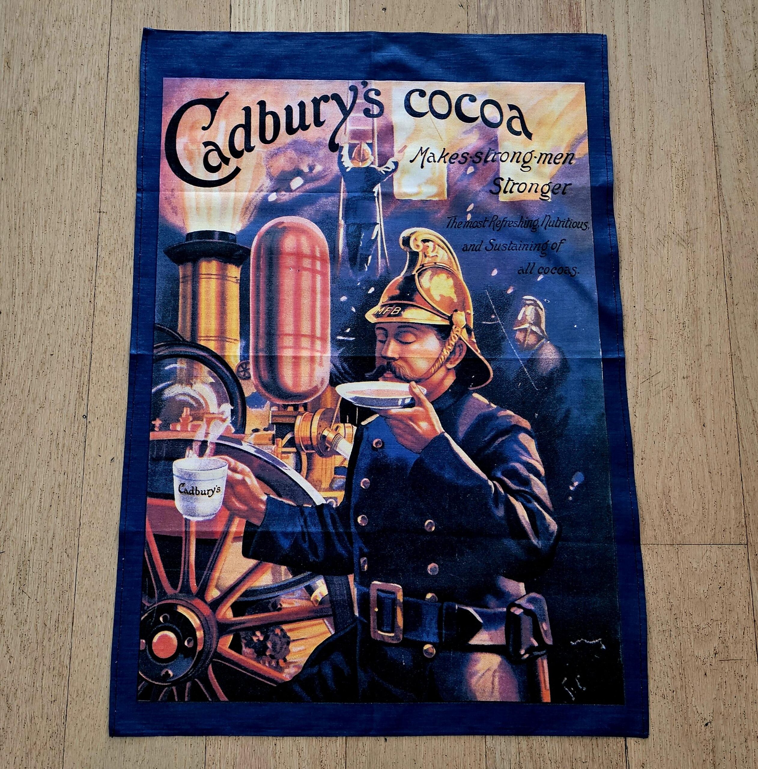 Teatowel - Cadbury's Cocoa - morpeth antique centre hunter valley region vintage tea towel cotton linen blend road trip memory town village irish souvenier cadbury's cocoa fireman brass helmet advertising promotional sign poster