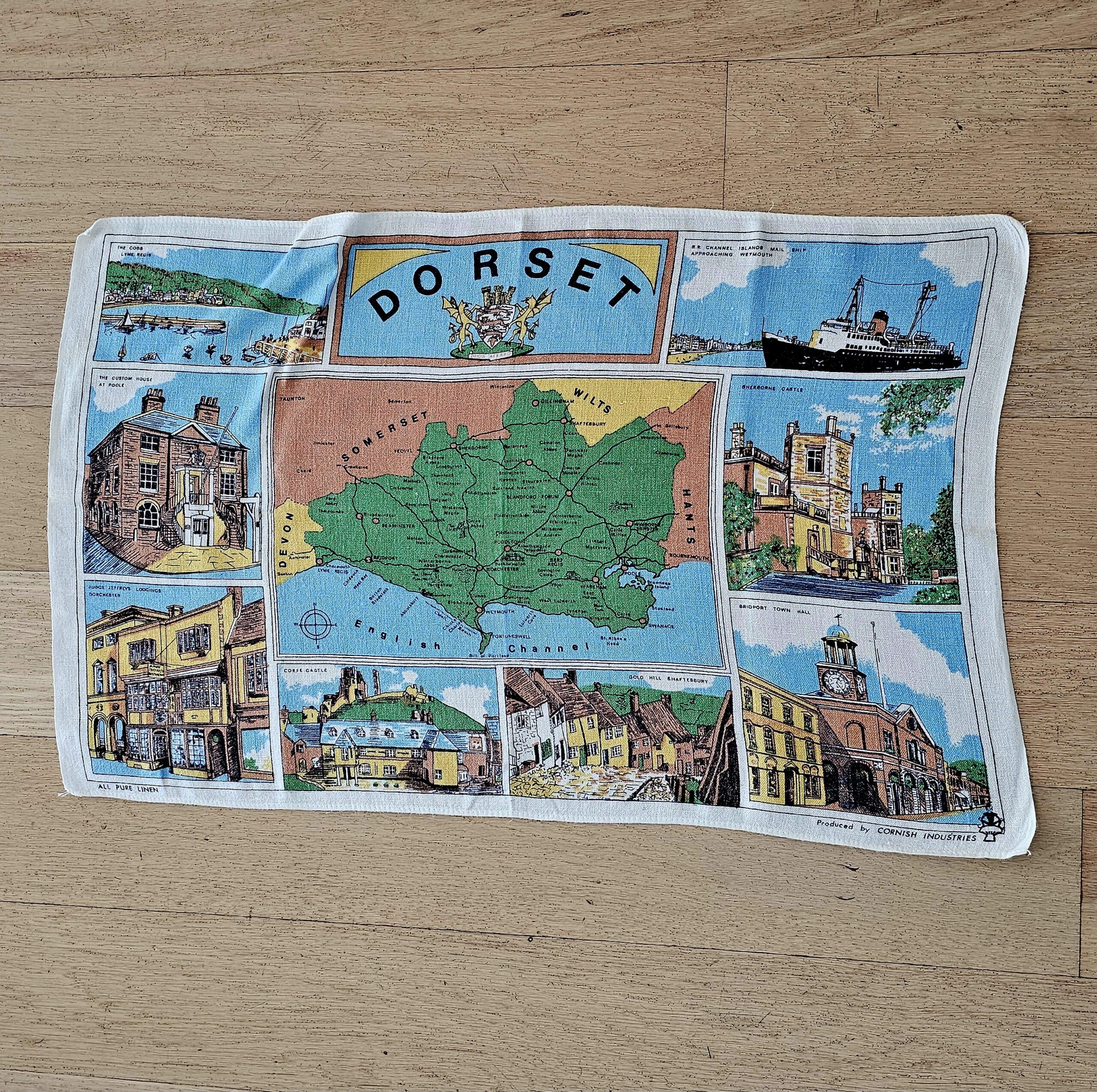 Teatowel - Dorset, England - morpeth antique centre hunter valley region vintage tea towel cotton linen blend road trip memory town village irish souvenier dorset england united kingdom