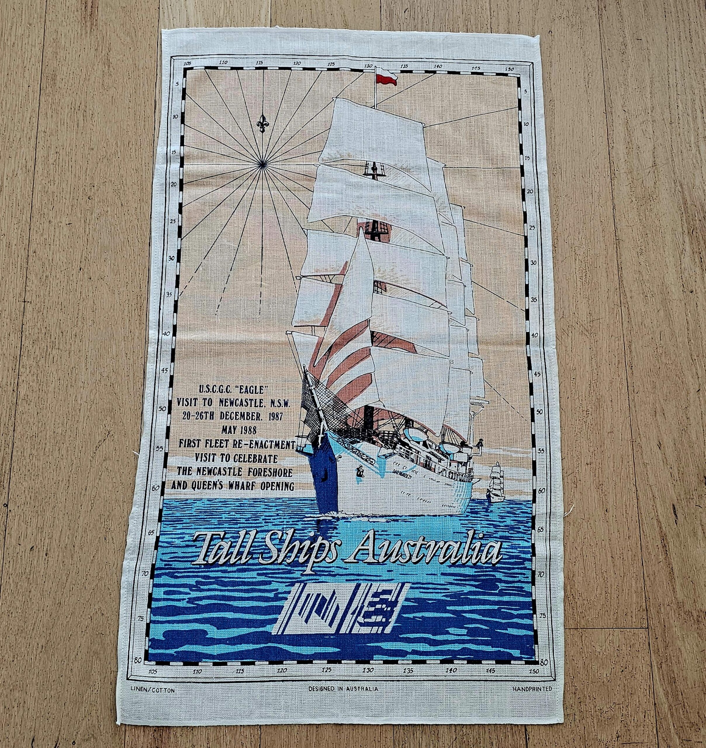 Teatowel - Tall Ships Visit Newcastle NSW - morpeth antique centre hunter valley region vintage tea towel cotton linen blend road trip memory town village irish souvenier tall ships australia bicentenary 200 years commemorative first fleet re enactment