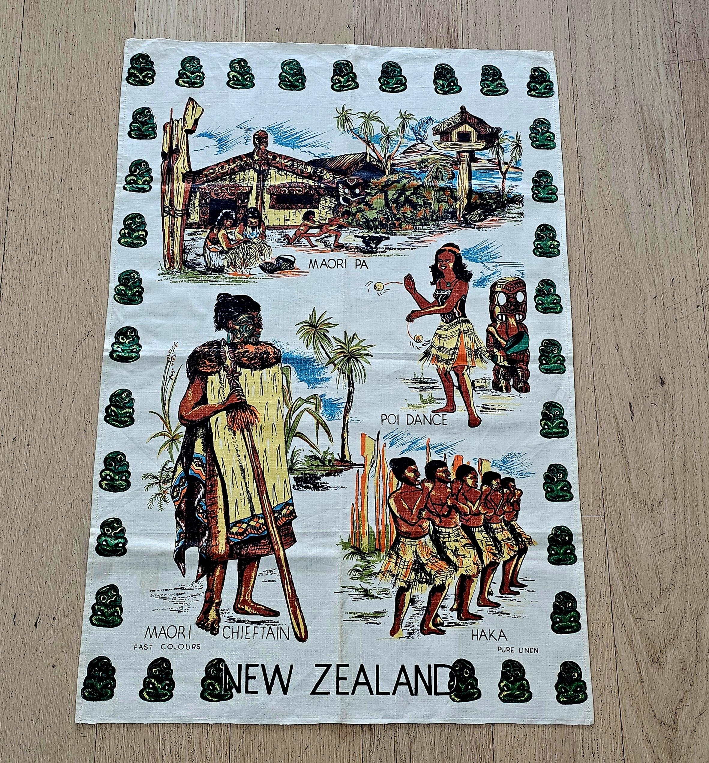 Teatowel - New Zealand Culture - morpeth antique centre hunter valley region vintage tea towel cotton linen blend road trip memory town village irish souvenier new zealand culture maori