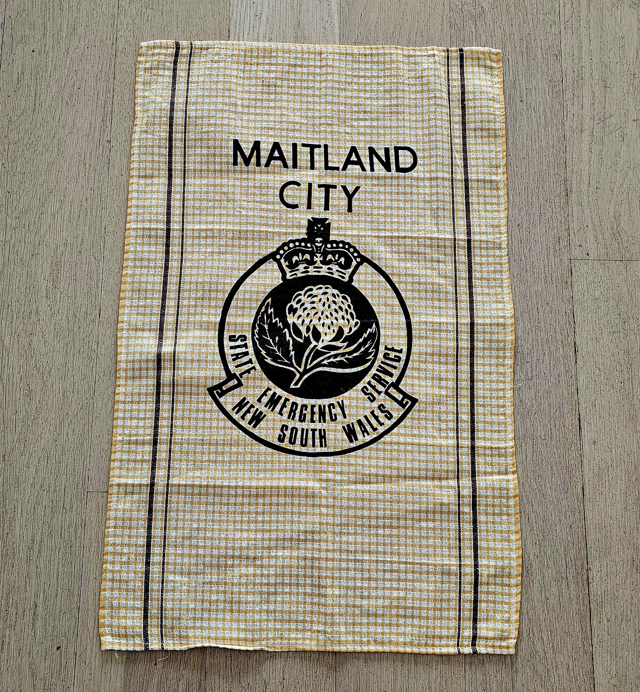 Teatowel - Maitland State Emergency Services - morpeth antique centre hunter valley region tablecloth teatowel vintage cotton linen poland czechoslovakia australian road trip towns places maitland state emergency service nsw