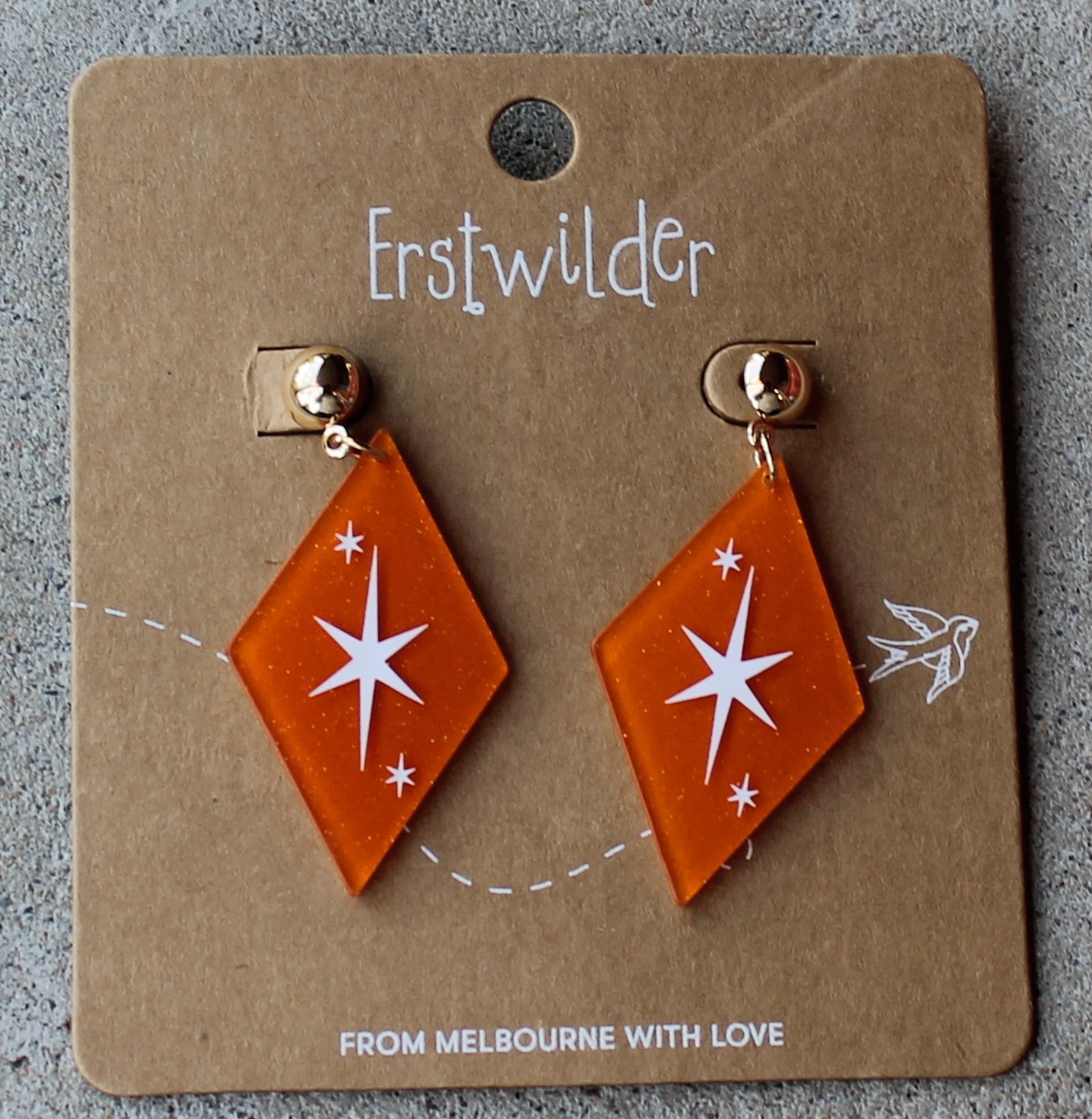 Erstwilder Earrings - Atomic Diamond Orange - morpeth antique centre hunter region valley erstwilder earrings brooch necklace atomic abode retro nineteen sixties seventies diamond orange