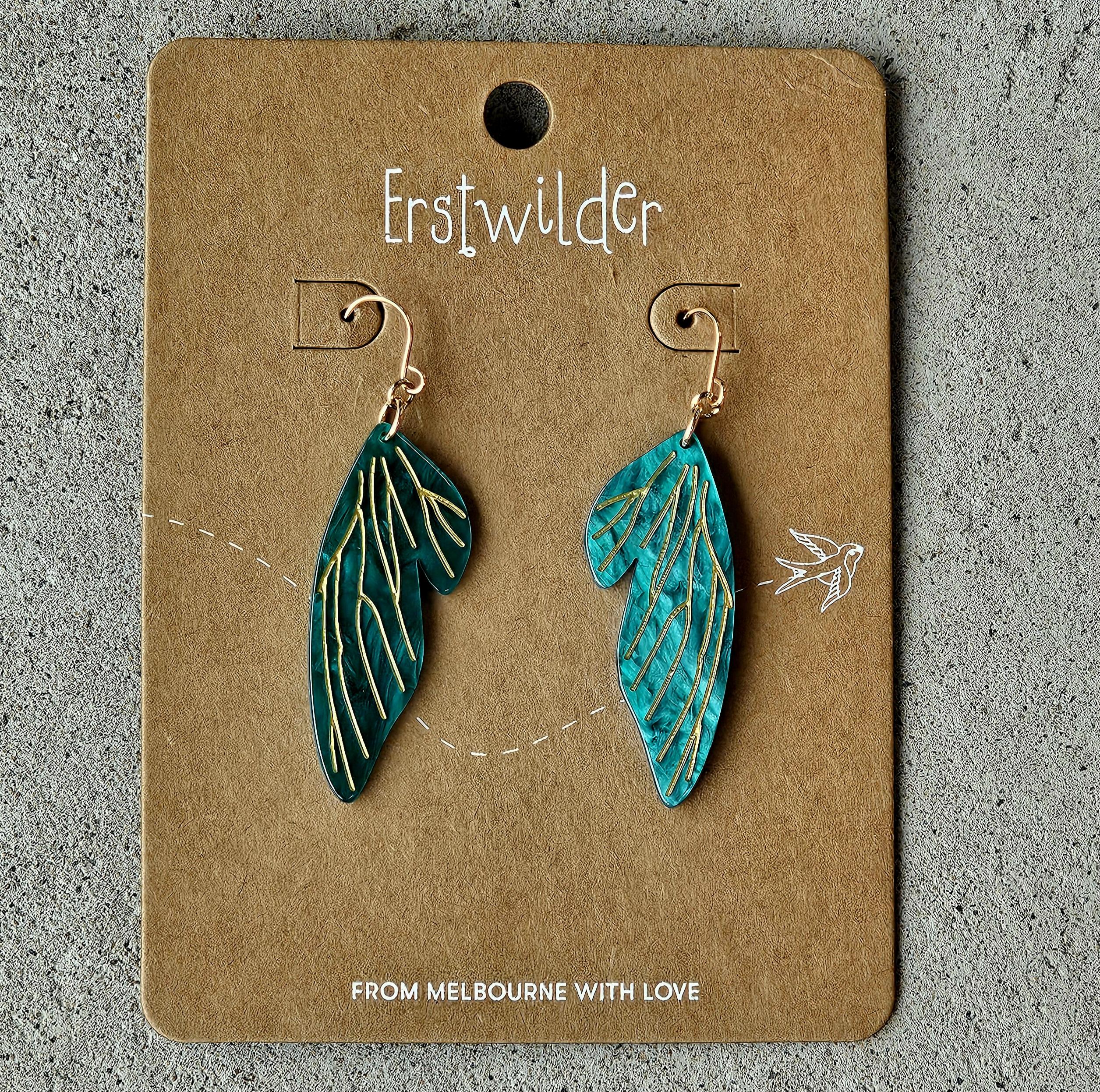 Erstwilder Earrings - Wing Green - morpeth antique centre hunter valley erstwilder plastic resin jewellery pete cromer designed fairy tales brooch enamel pin necklace earring book story children's brother's grimm fable retro collectable butterfly insect wings green