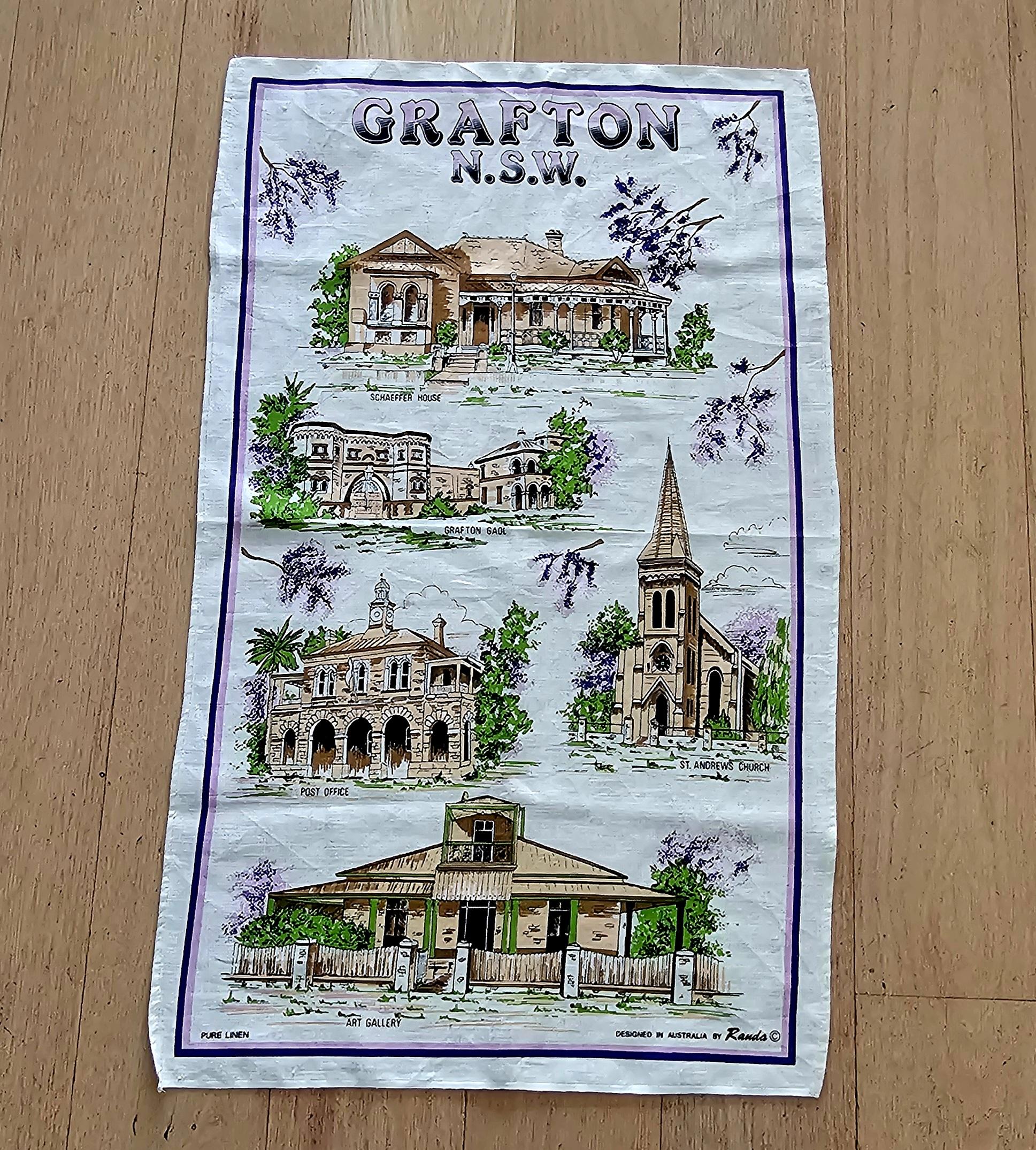 Teatowel - Grafton, NSW - morpeth antique centre hunter valley region vintage tea towel road trip linen cotton blend australia new zealand grafton jacaranda tree flowers