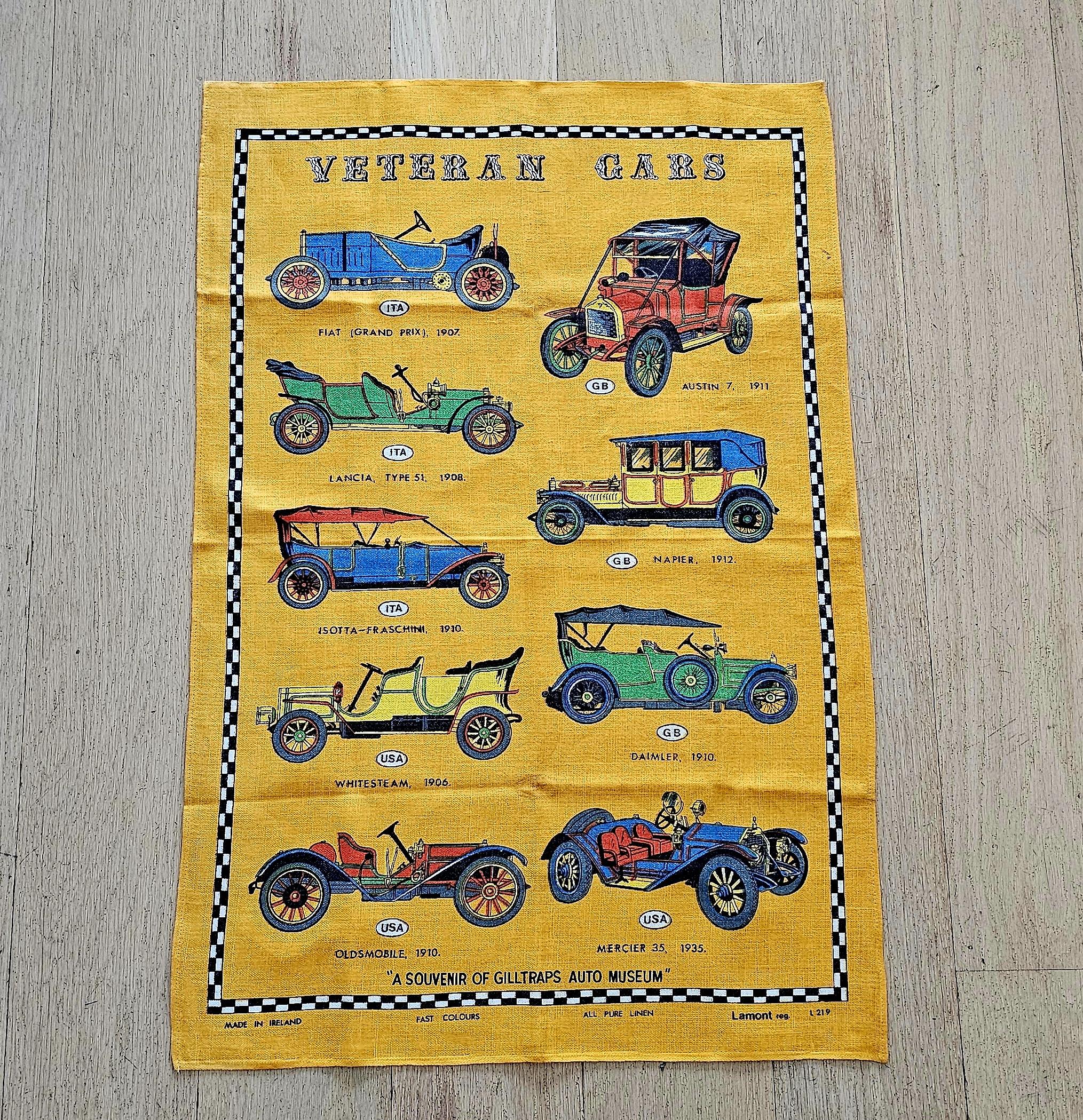 Teatowel - Veteran Cars (Gilltraps Auto Museum) - morpeth antique centre hunter valley region vintage tea towel road trip linen cotton blend australia new zealand veteran cars gilltrap's auto museum