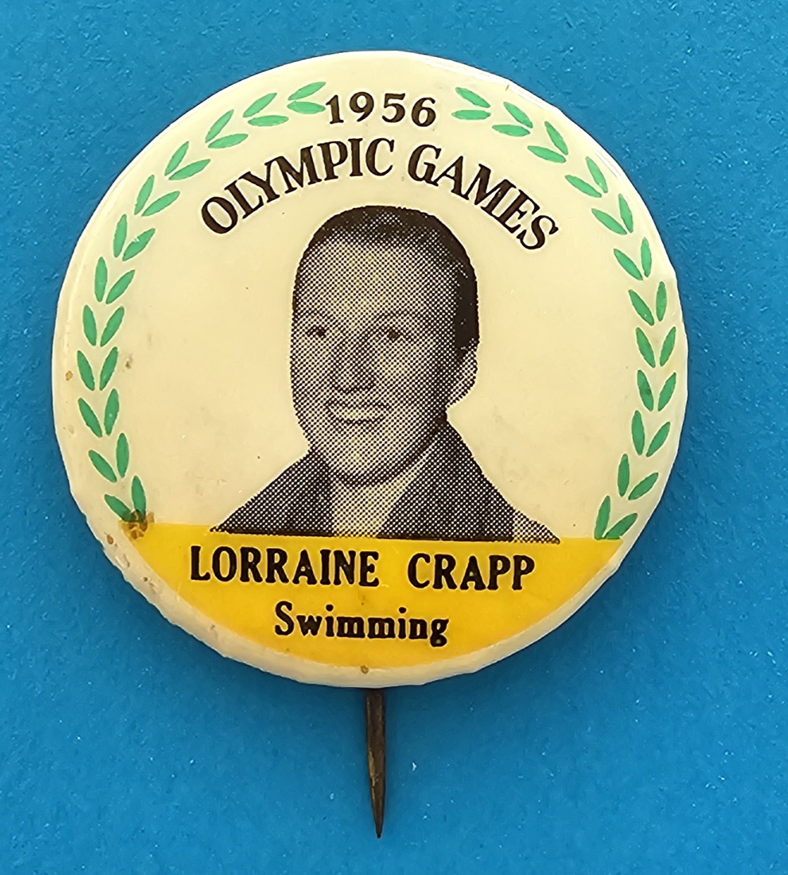 Olympic Badge - Lorraine Crapp (Swimming) - morpeth antique centre hunter valley region olympic badge 1956 melbourne australia lifeboy lux soap souvenier pin athletes athletics swimmers twenty in series lorraine crapp swimming