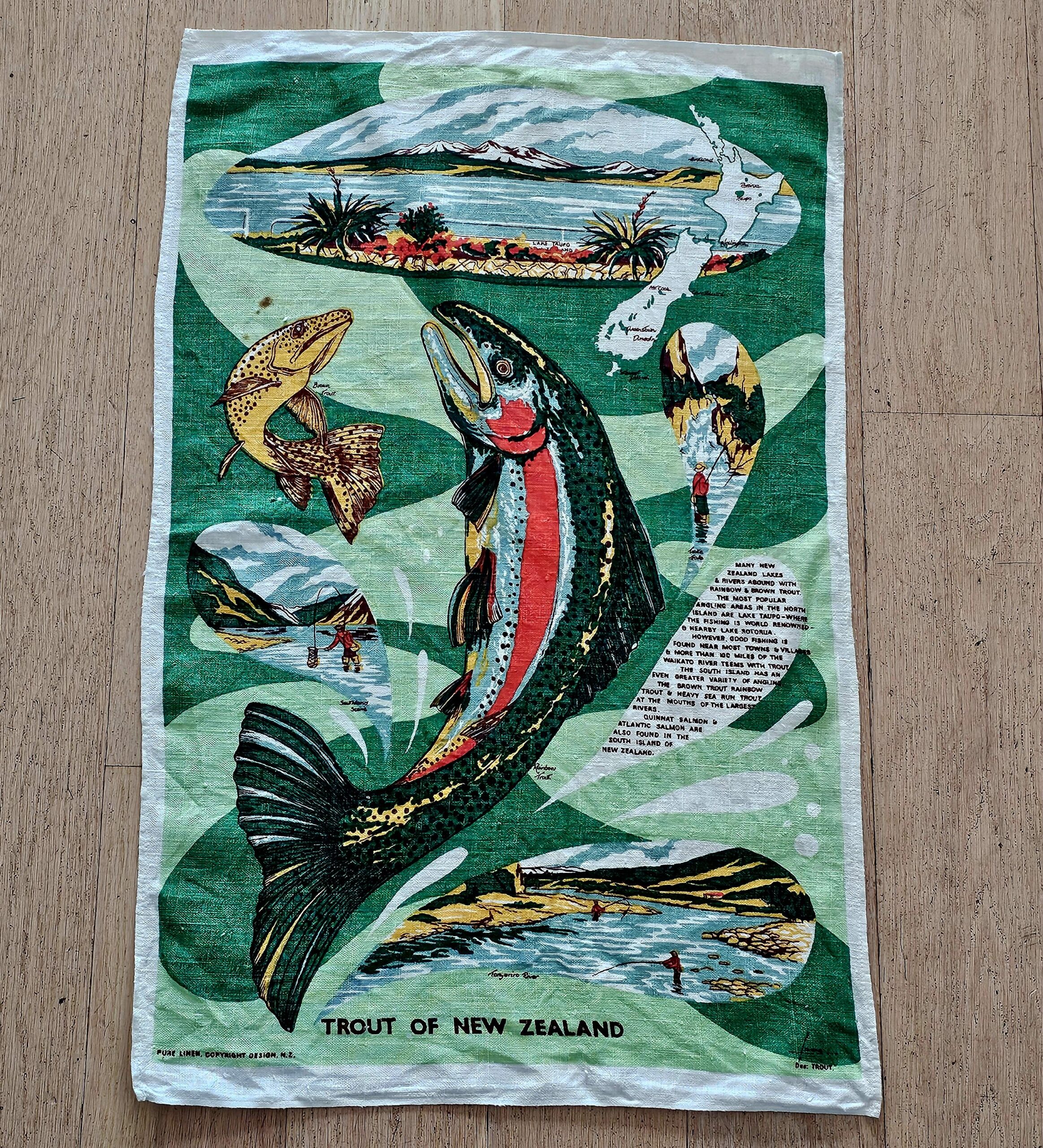 Teatowel - Trout of New Zealand - morpeth antique centre hunter valley tea towel vintage linen cotton road trip souvanier trout of new zealand