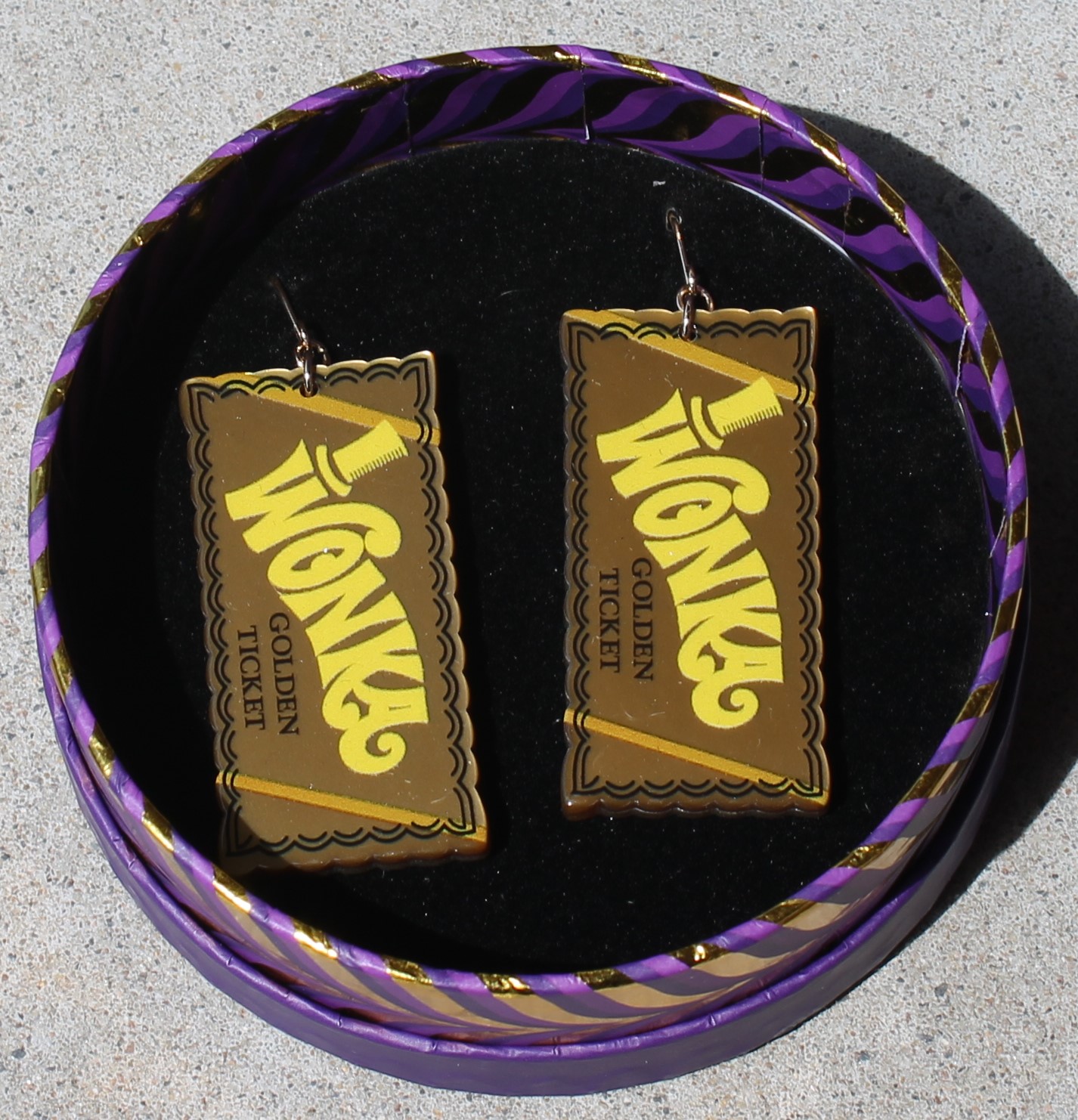 Erstwilder Earrings - Wonka Golden Ticket - morpeth antique centre hunter valley region willy wonka chocolate factory erstwilder wall art earrings necklace brooch hair clip retro collectable golden ticket bar