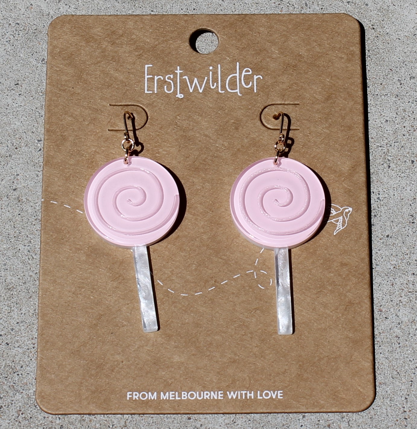 Erstwilder Earrings - Lollypop Light Pink - morpeth antique centre hunter valley region willy wonka chocolate factory erstwilder wall art earrings necklace brooch hair clip retro collectable lollypop pale pink