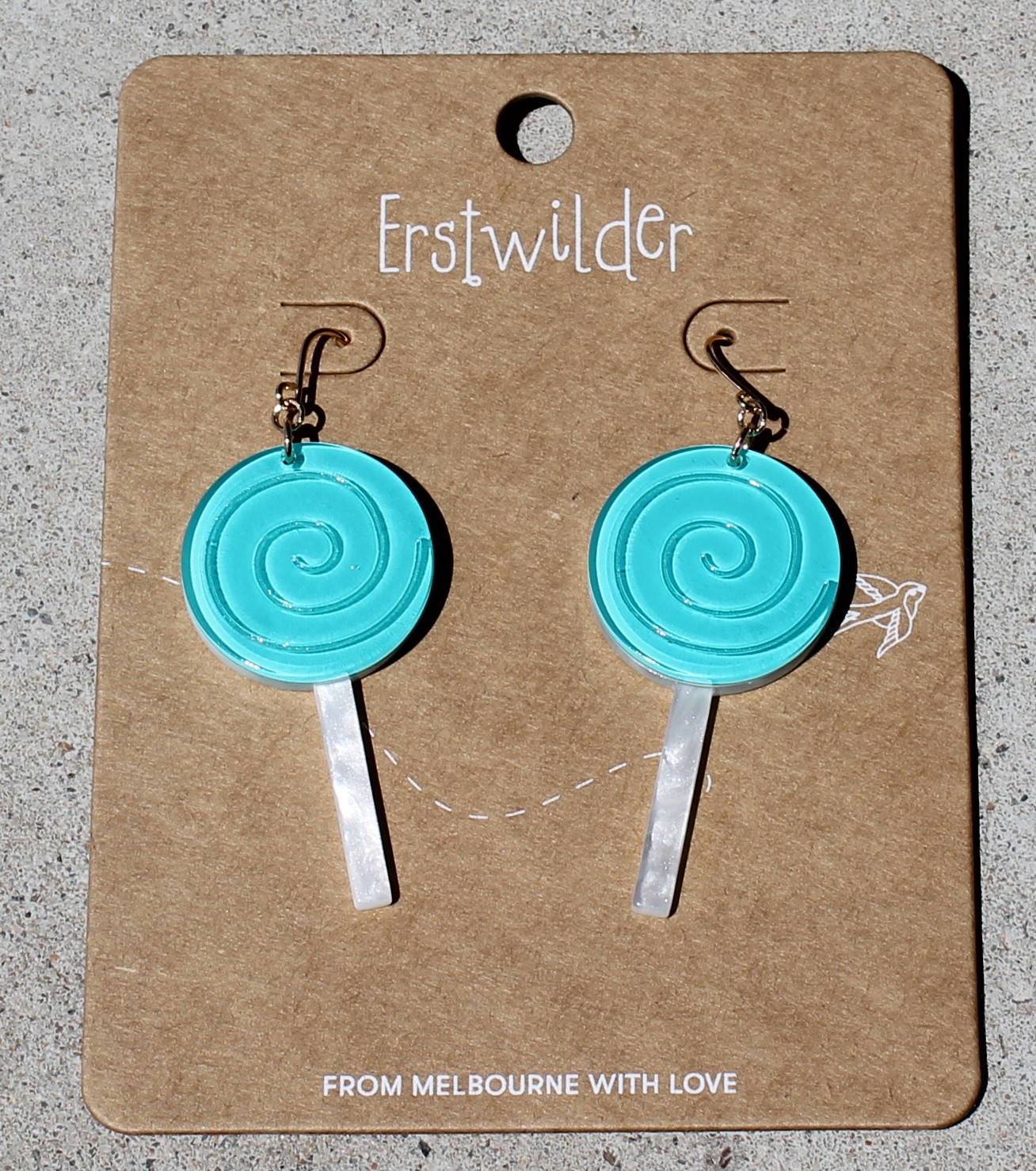 Erstwilder Earrings - Lollypop Blue - morpeth antique centre hunter valley region willy wonka chocolate factory erstwilder wall art earrings necklace brooch hair clip retro collectable lollypop blue