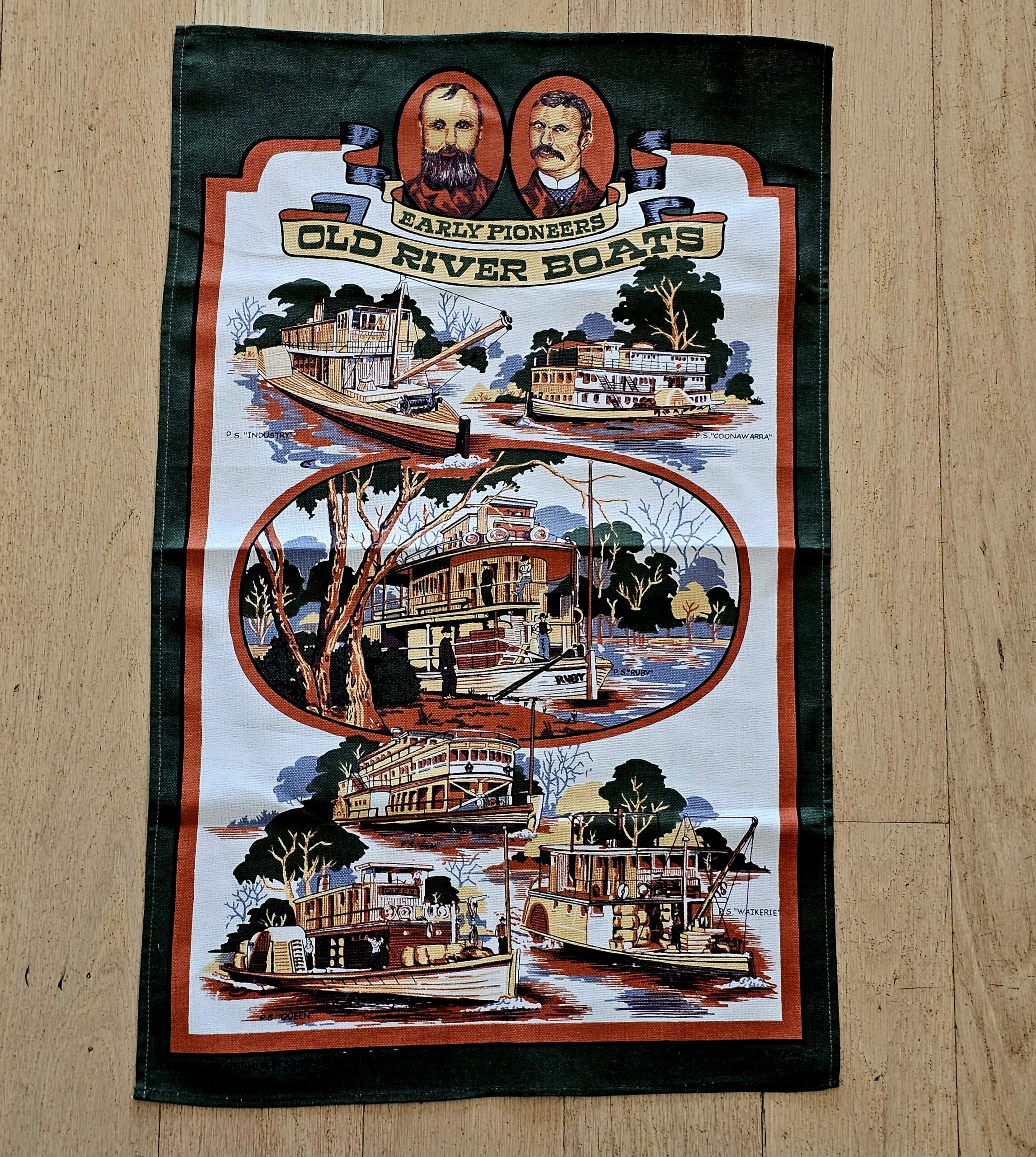 Teatowel - River Boats - morpeth antique centre hunter valley region road trip tea towel cotton linen blend poland czechoslovakia australian european international destination town city old river boats early pioneers