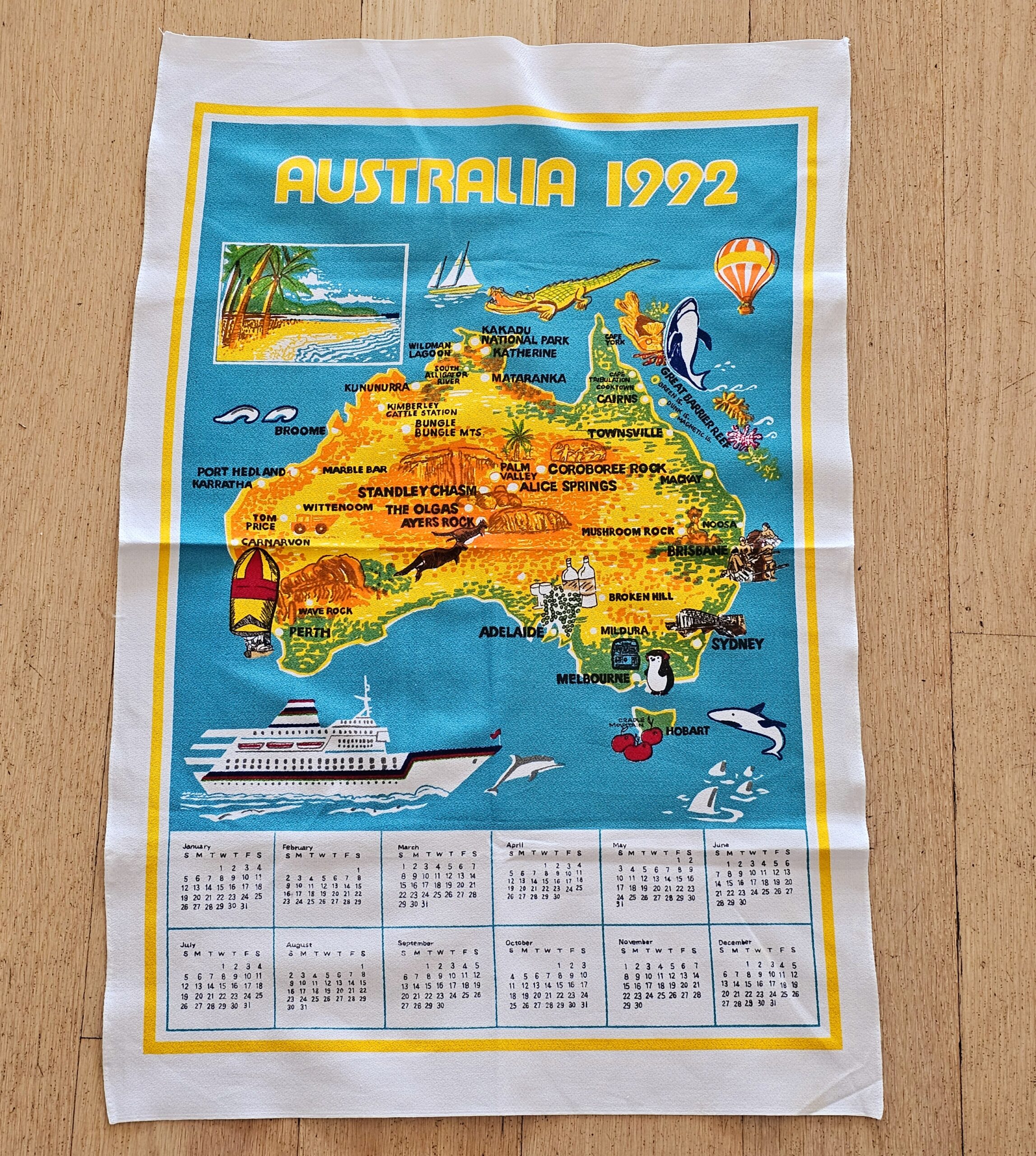 Teatowel - Calendar 1992, Australia - morpeth antique centre hunter valley region road trip tea towel cotton linen blend poland czechoslovakia australian european international destination town city calendar 1992