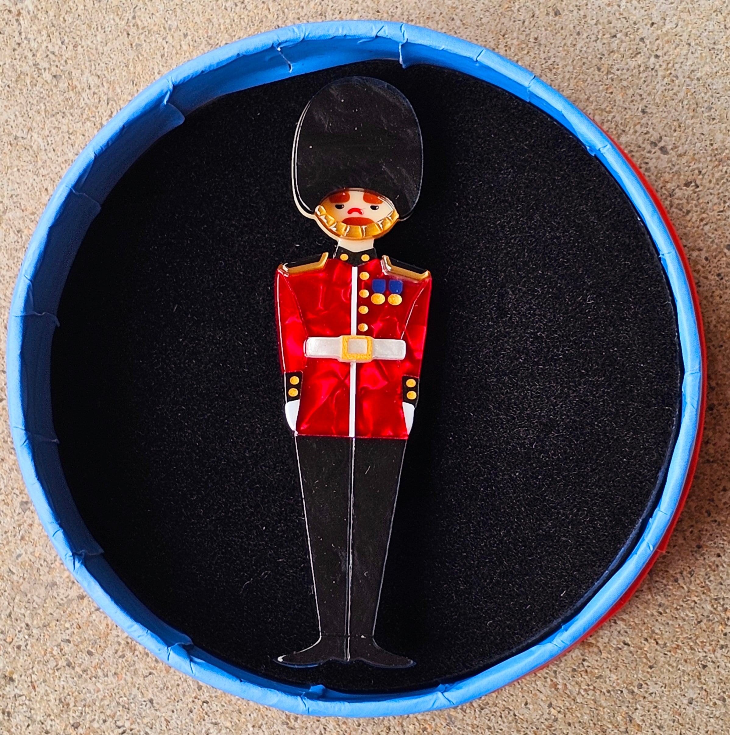 Erstwilder Brooch - Changing of the Guard - morpeth antique centre hunter valley region erstwilder mini brooch necklace pin enamel earring set valentines london calling royal family united kingdom england retro collectable resin plastic love changing of the guard beefeater palace bear skin hat