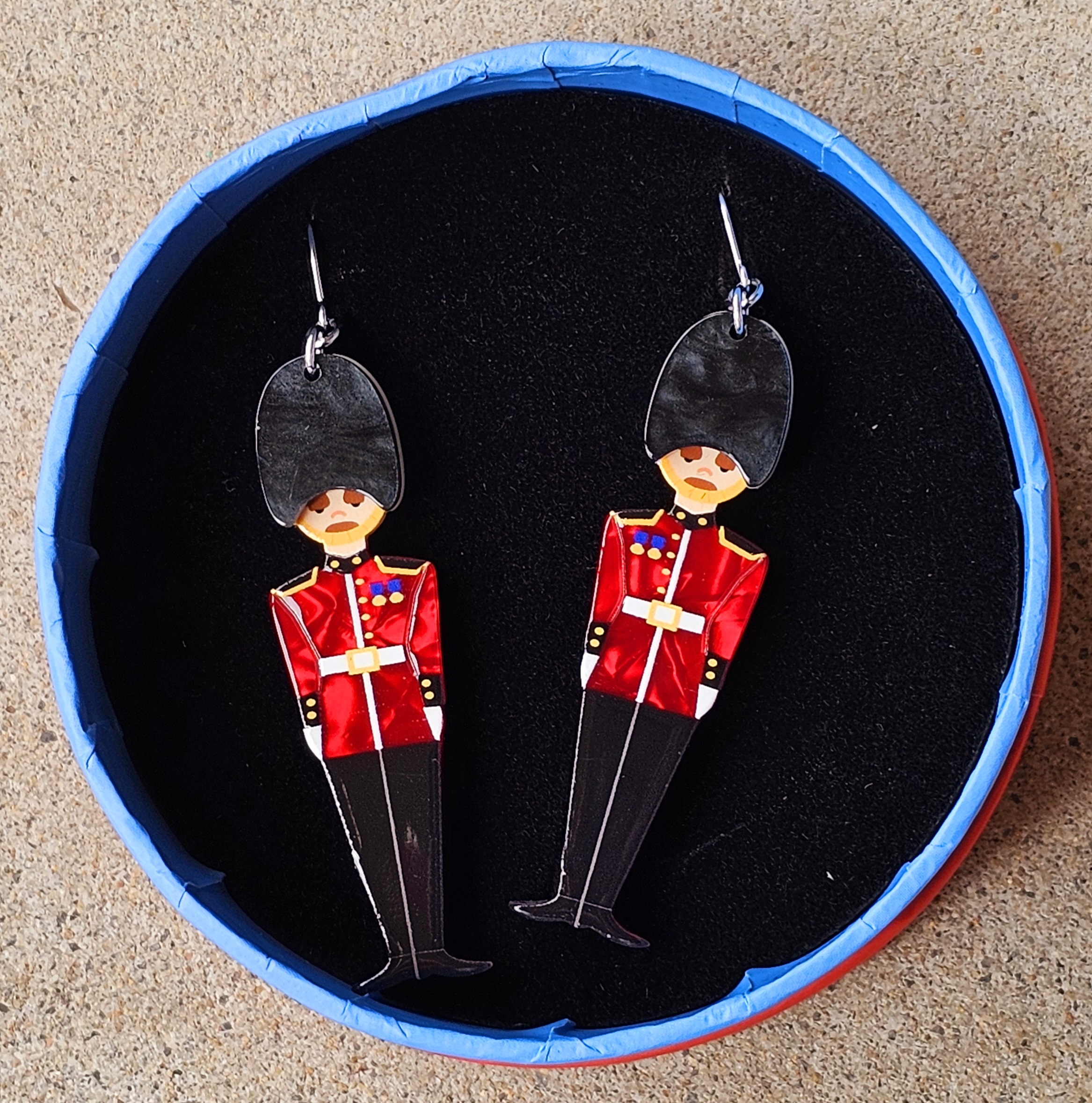 Erstwilder Earrings - Changing of the Guard - morpeth antique centre hunter valley region erstwilder mini brooch necklace pin enamel earring set valentines london calling royal family united kingdom england retro collectable resin plastic love changing of the guard beefeater bear skin hat palace