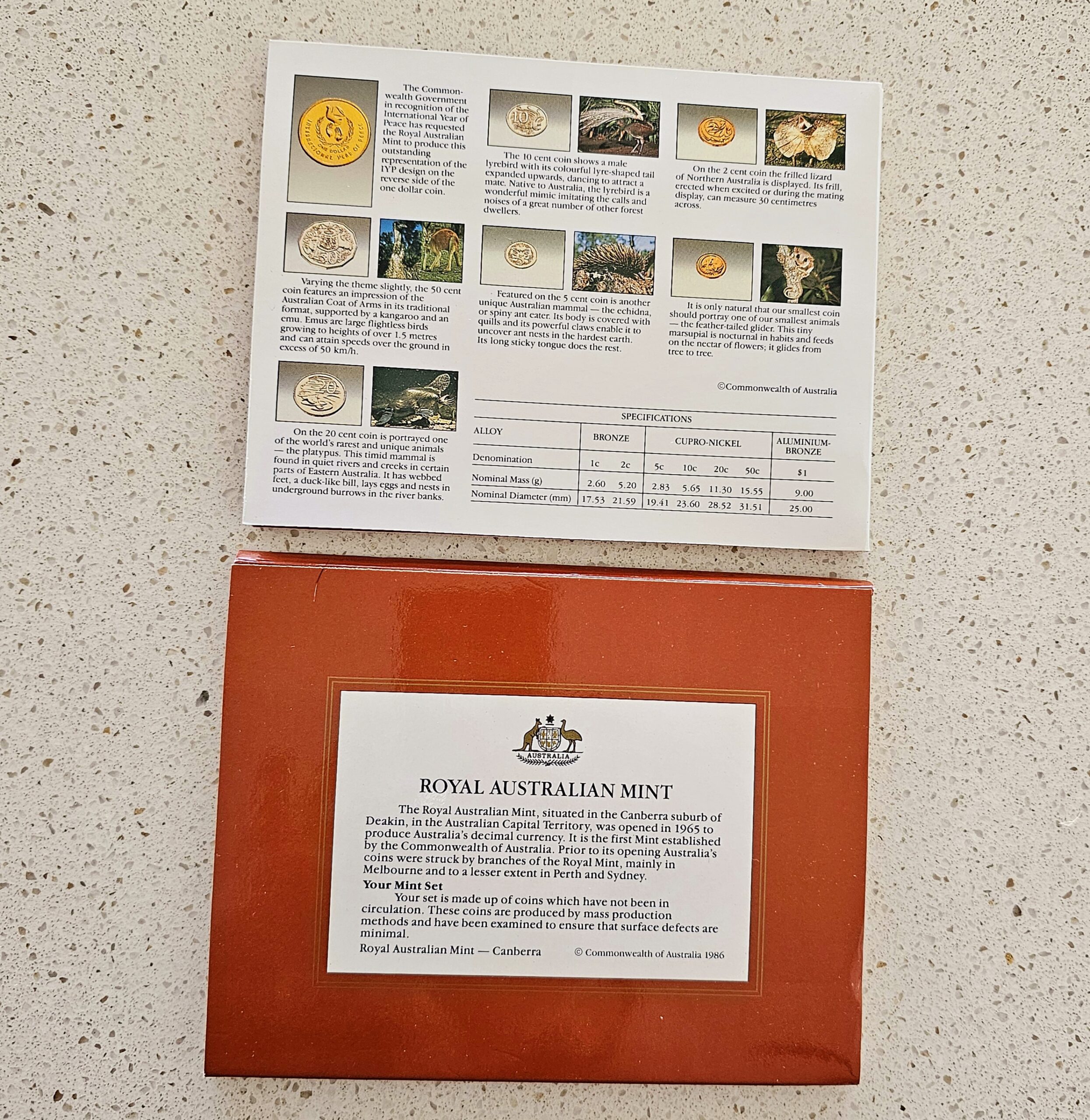 Australian Mint Uncirculated Coin Set - 1986 - morpeth antique centre hunter valley region australian mint set uncirculated coins birth year 1986 international year of peace dove