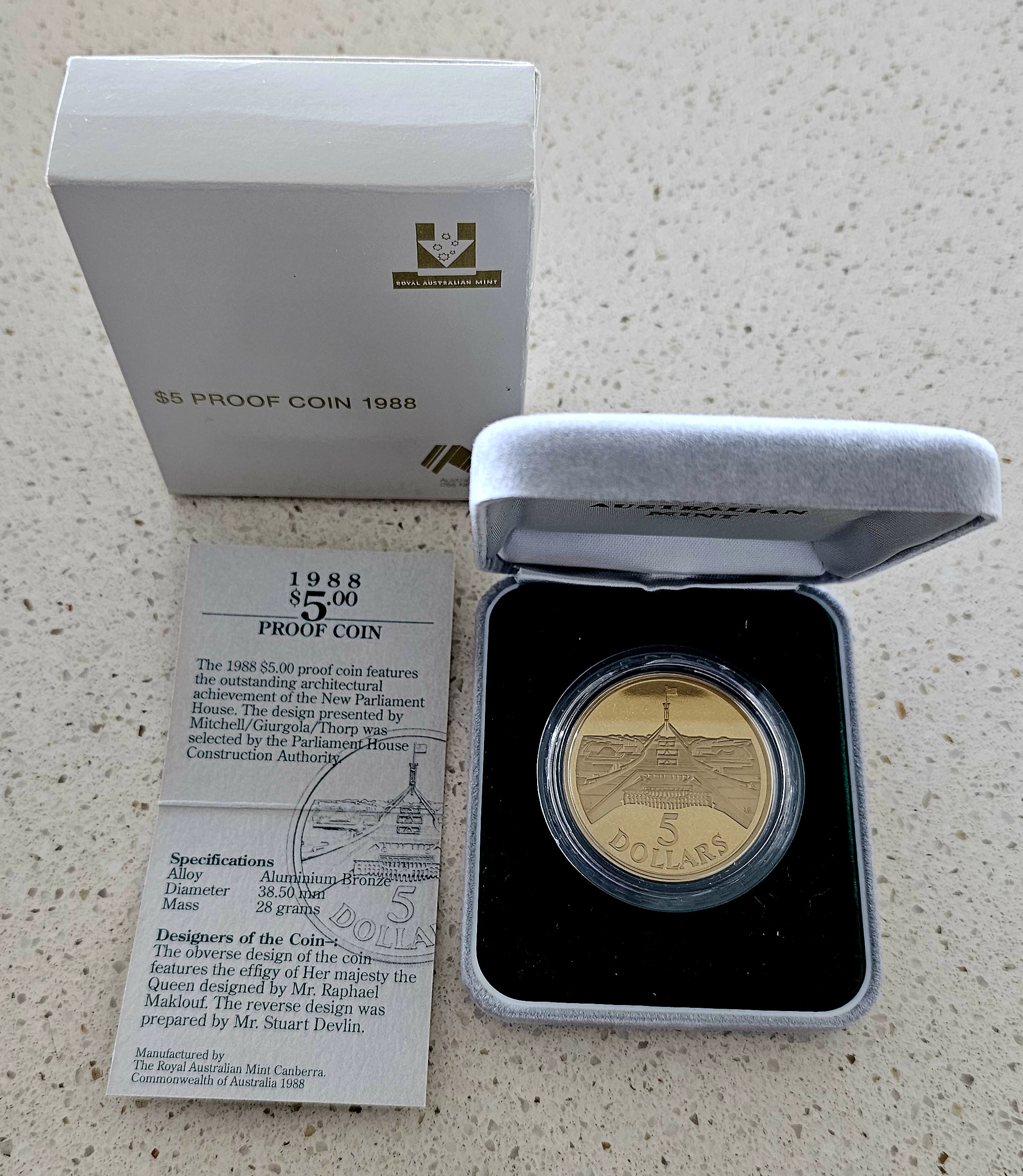 Australian Five Dollar Coin - 1988 - morpeth antique centre hunter valley region australian mint uncirculated five coin 1988 bicentenary opening of new parliament house canberra
