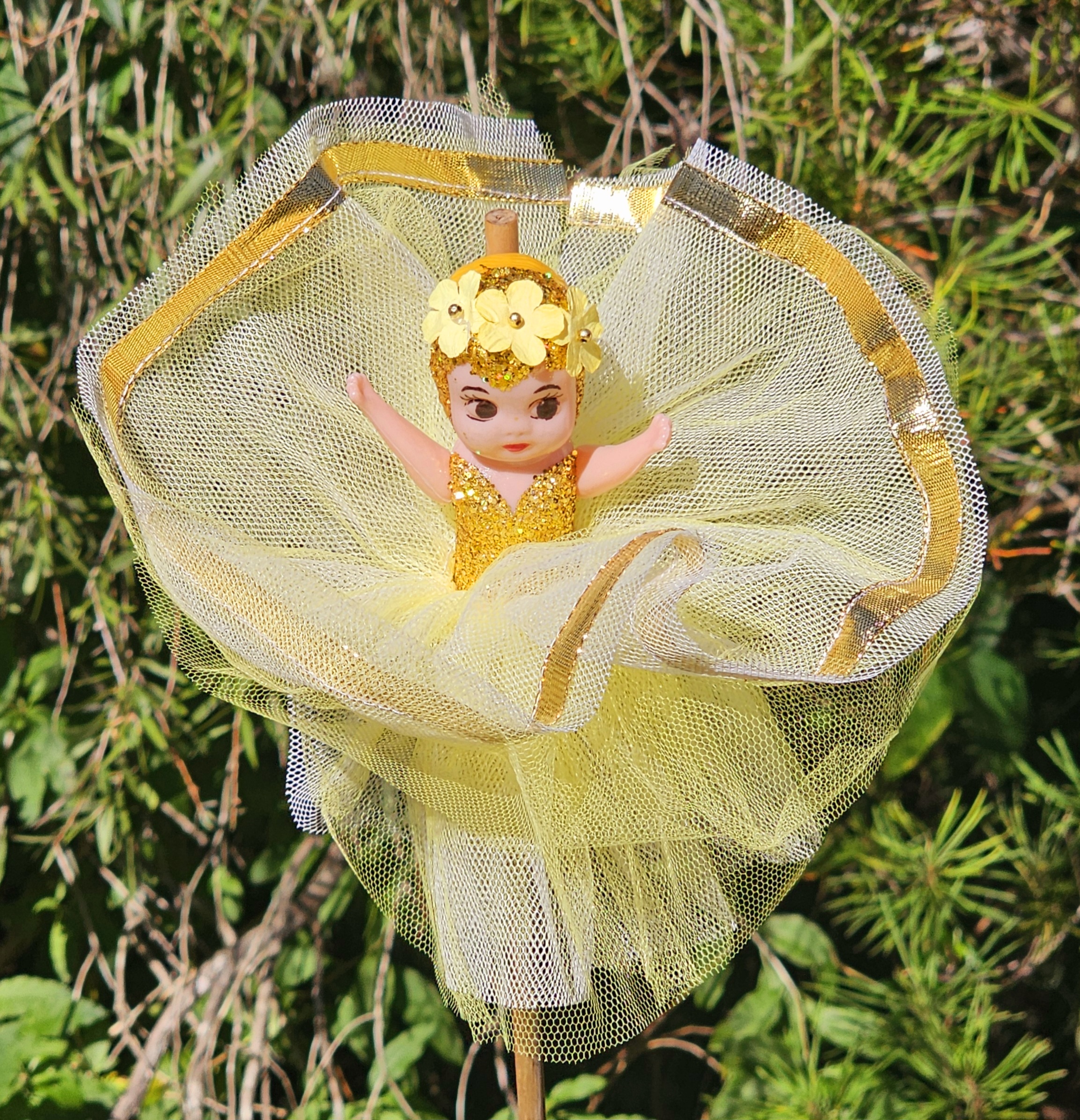 Kewpie Doll - Yellow Flower - morpeth antique centre hunter valley region gift gallery kewpie cupie doll show carnival royal easter on a stick tulle feathers bow flower