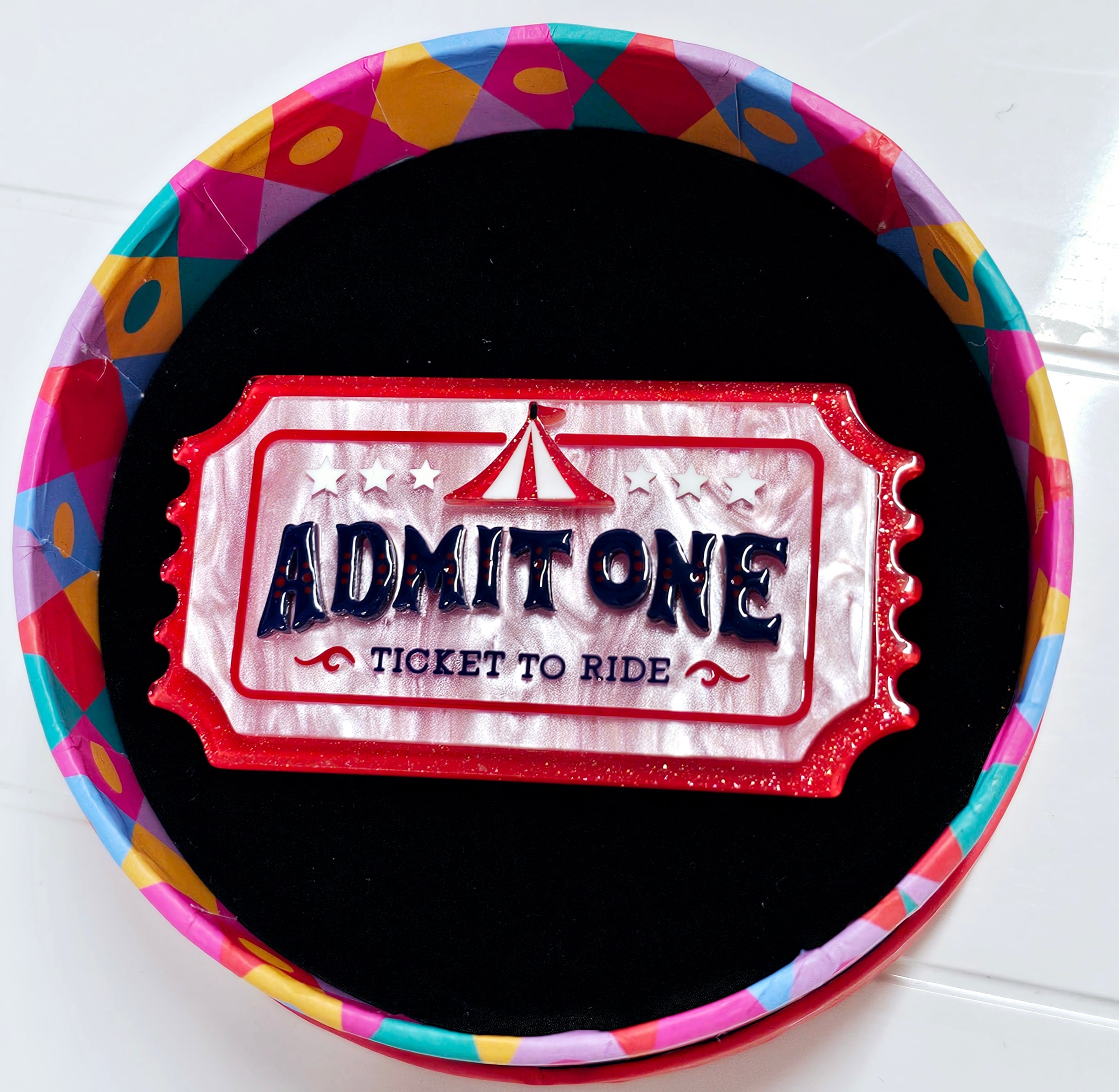 Erstwilder Brooch - Ticket to Ride - morpeth antique centre hunter valley region erstwilder brooch necklace enamel pin earrings a day at the fair circus carnival show time entertainment ticket to ride attractions