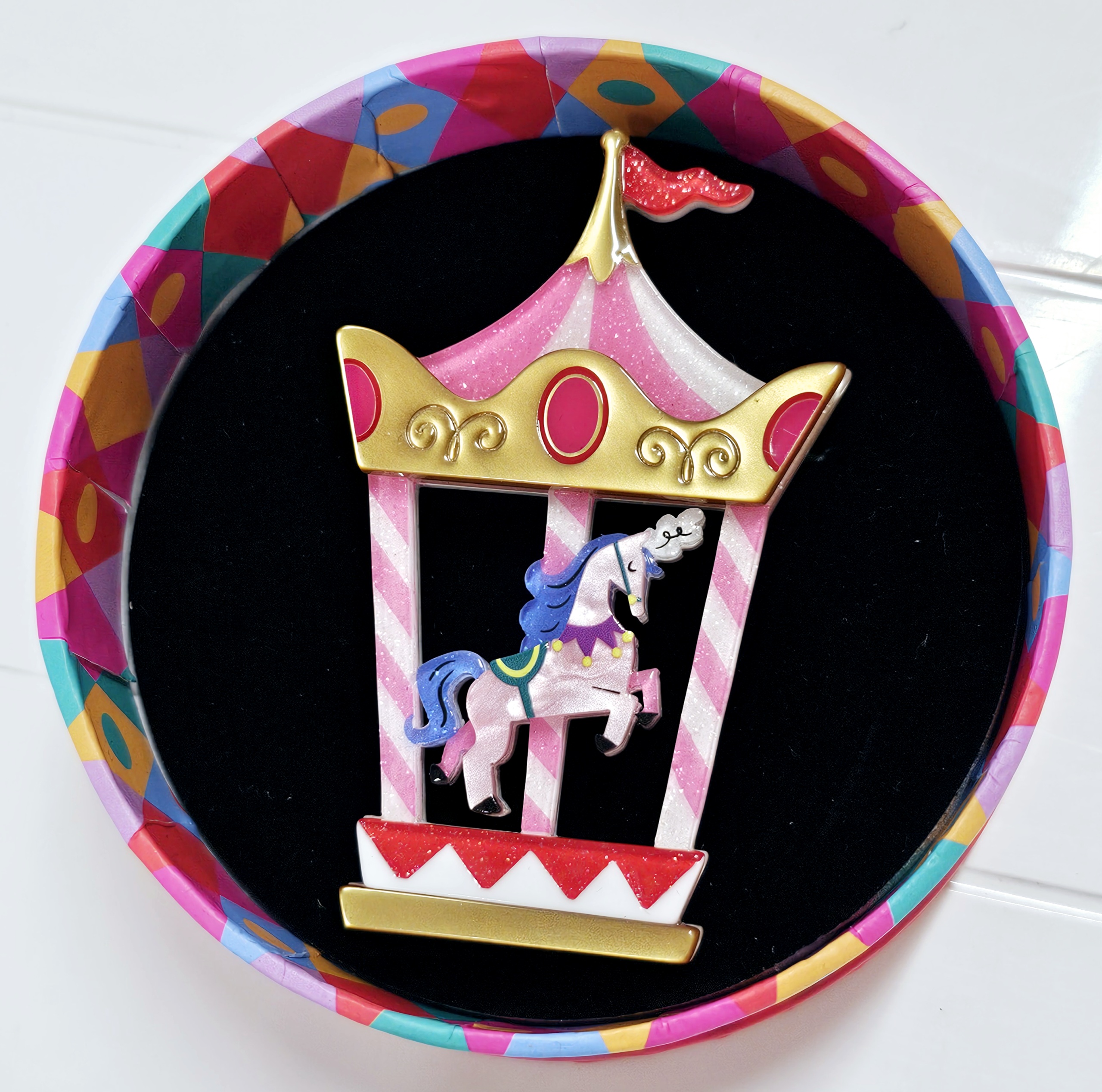 Erstwilder Brooch - Carousel For One - morpeth antique centre hunter valley region erstwilder brooch necklace enamel pin earrings a day at the fair circus carnival show time entertainment carousel for one horse merry go round