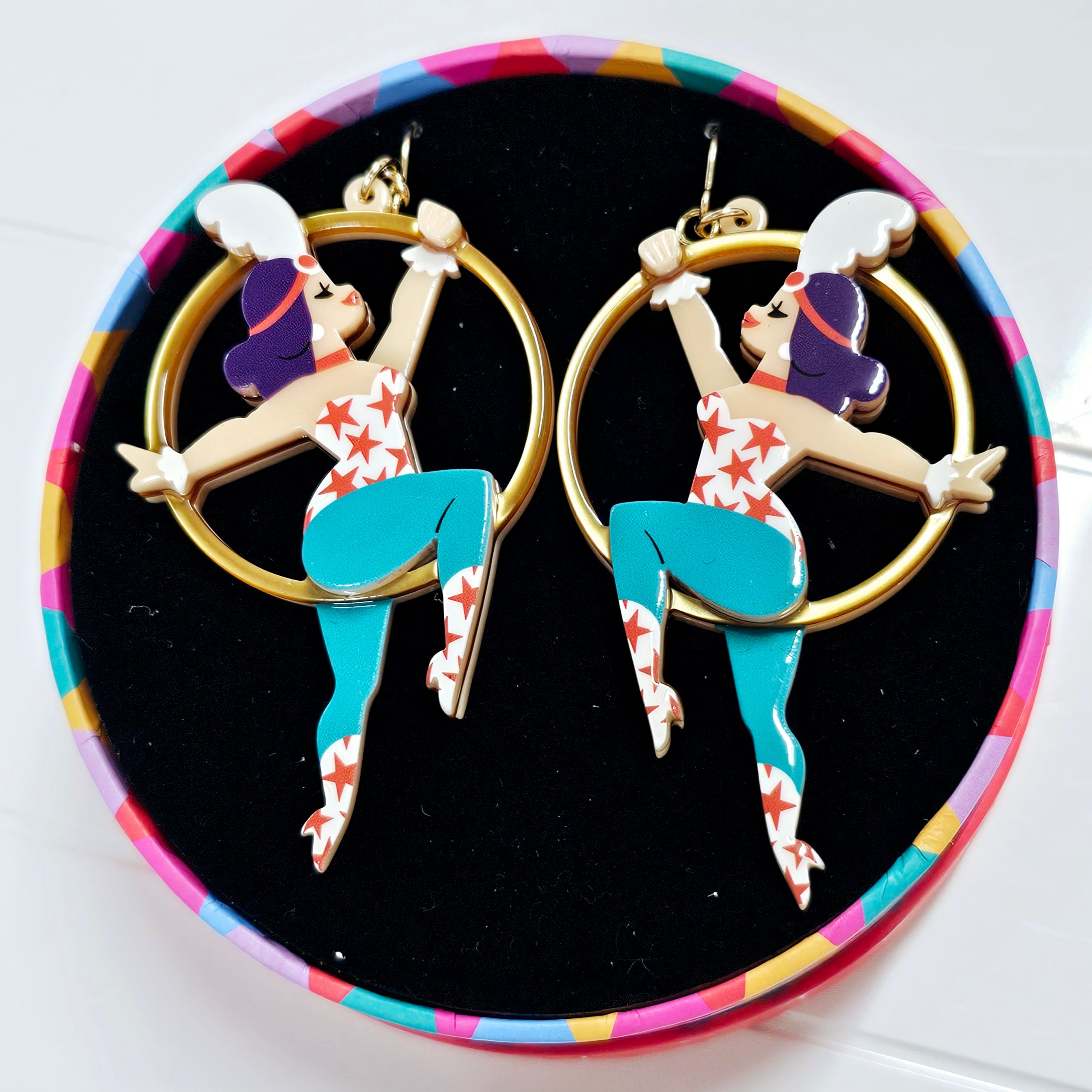 Erstwilder Earrings - Loop De Hoop - morpeth antique centre hunter valley region erstwilder brooch necklace enamel pin earrings a day at the fair circus carnival show time entertainment loop de hoop tumbling gymnastic girls dancers performers
