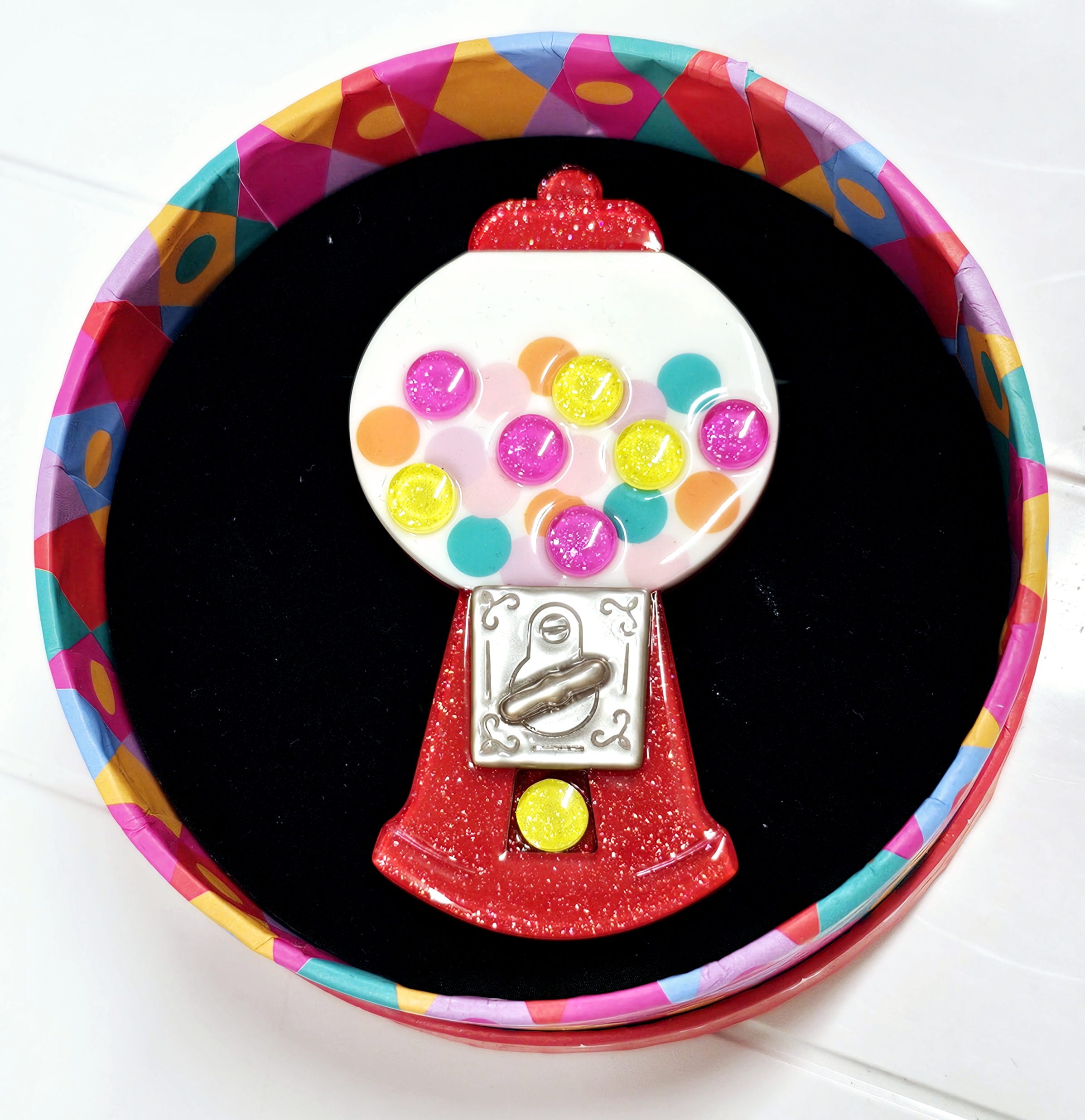 Erstwilder Brooch - Gumball Surprise - morpeth antique centre hunter valley region erstwilder brooch necklace enamel pin earrings a day at the fair circus carnival show time entertainment gumball surprise gob stopper lolly jar machine