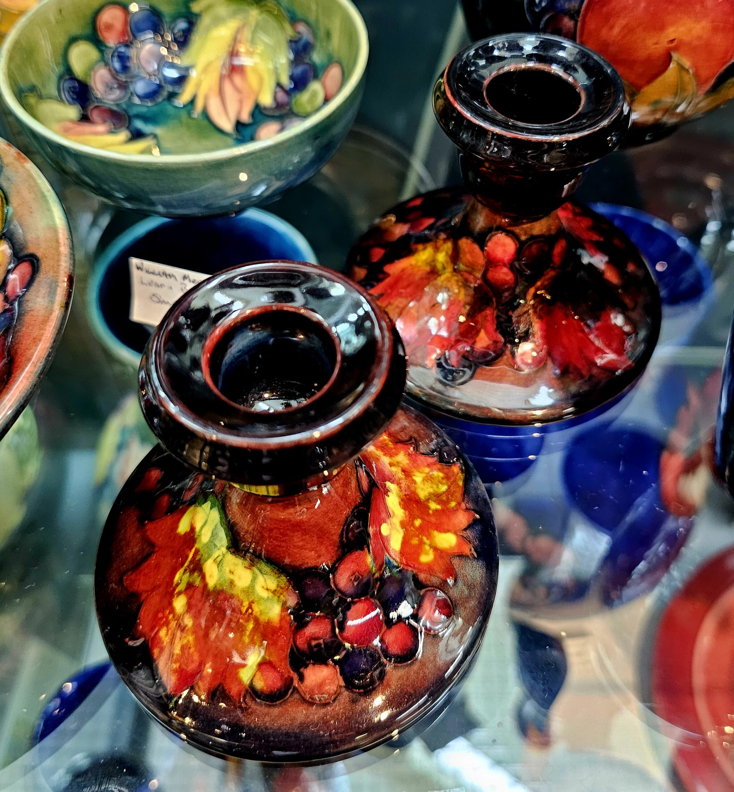 Moorcroft Candlestick Pair - morpeth antique centre hunter valley region william walter moorcroft pottery ceramics vase ink well candlestick plate bowl dish england stoke on trent handmade vintage flambe