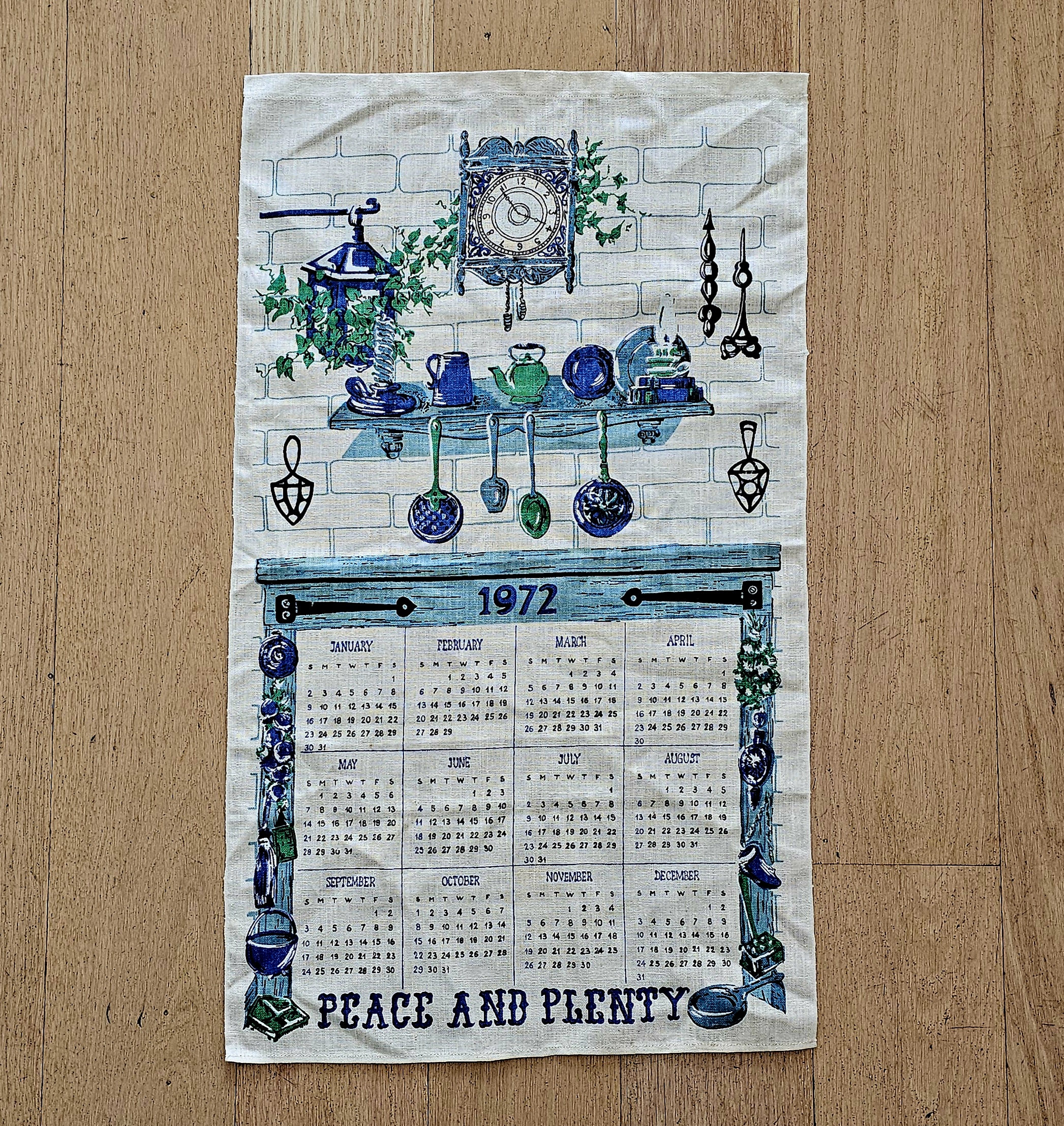 Teatowel - Calendar 1972 (Kitchen) - morpeth antique centre hunter region valley vintage linen cotton blend tea towel table cloth supper road trip australian towns villages flora fauna flowers new zealand calendar 1972