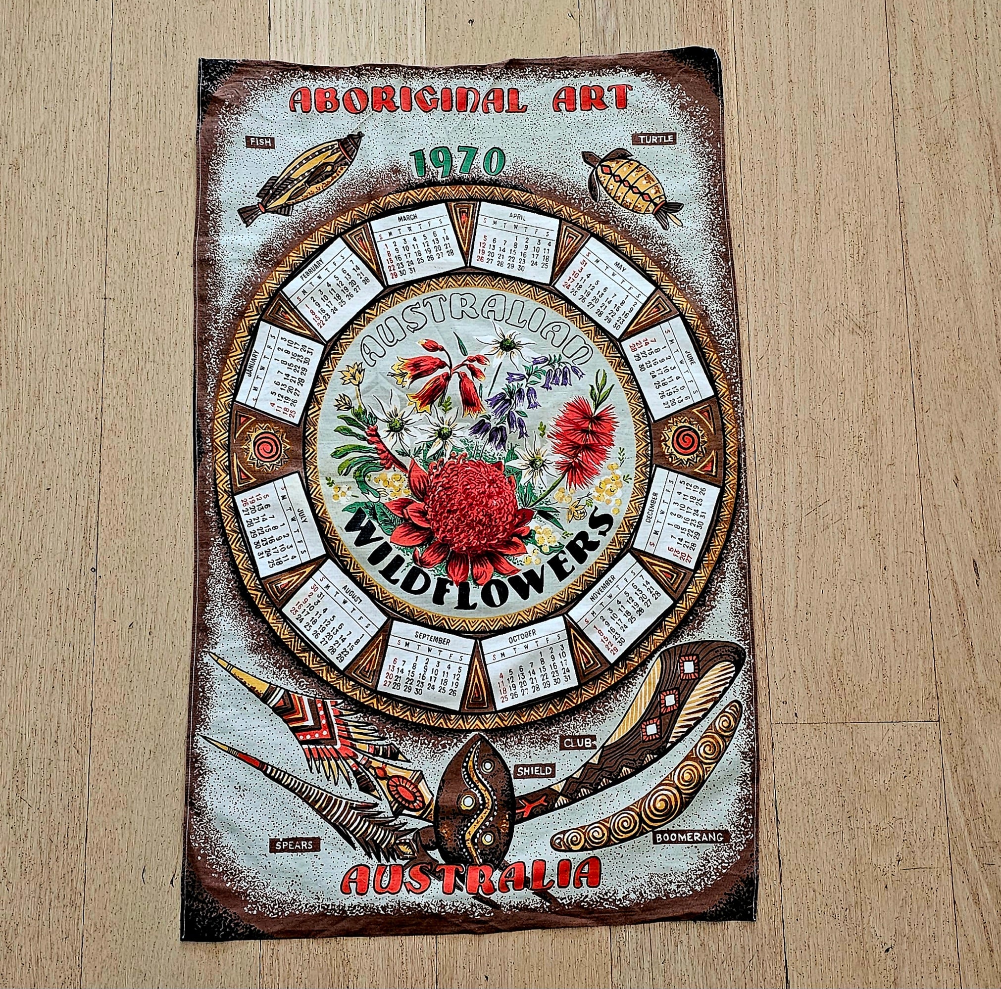 Teatowel - Calendar 1970 - morpeth antique centre hunter region valley vintage linen cotton blend tea towel table cloth supper road trip australian towns villages flora fauna flowers new zealand aboriginal art wildflowers calendar 1970