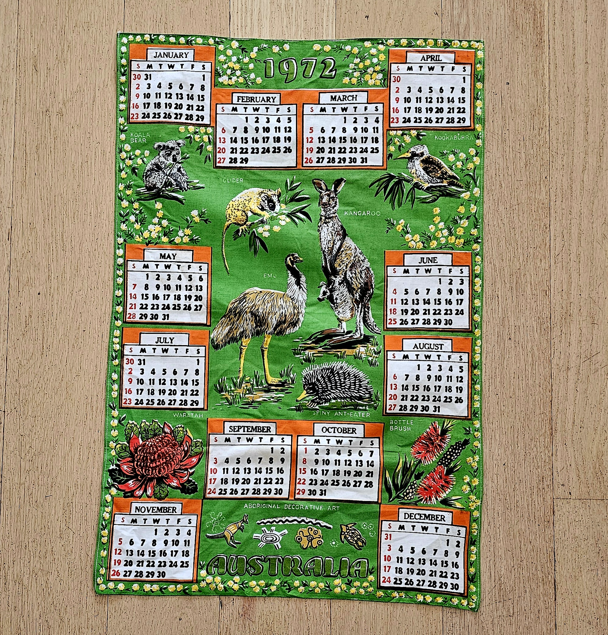 Teatowel - Calendar 1972 Fauna & Birds - morpeth antique centre hunter region valley vintage linen cotton blend tea towel table cloth supper road trip australian towns villages flora fauna flowers new zealand calendar 1972
