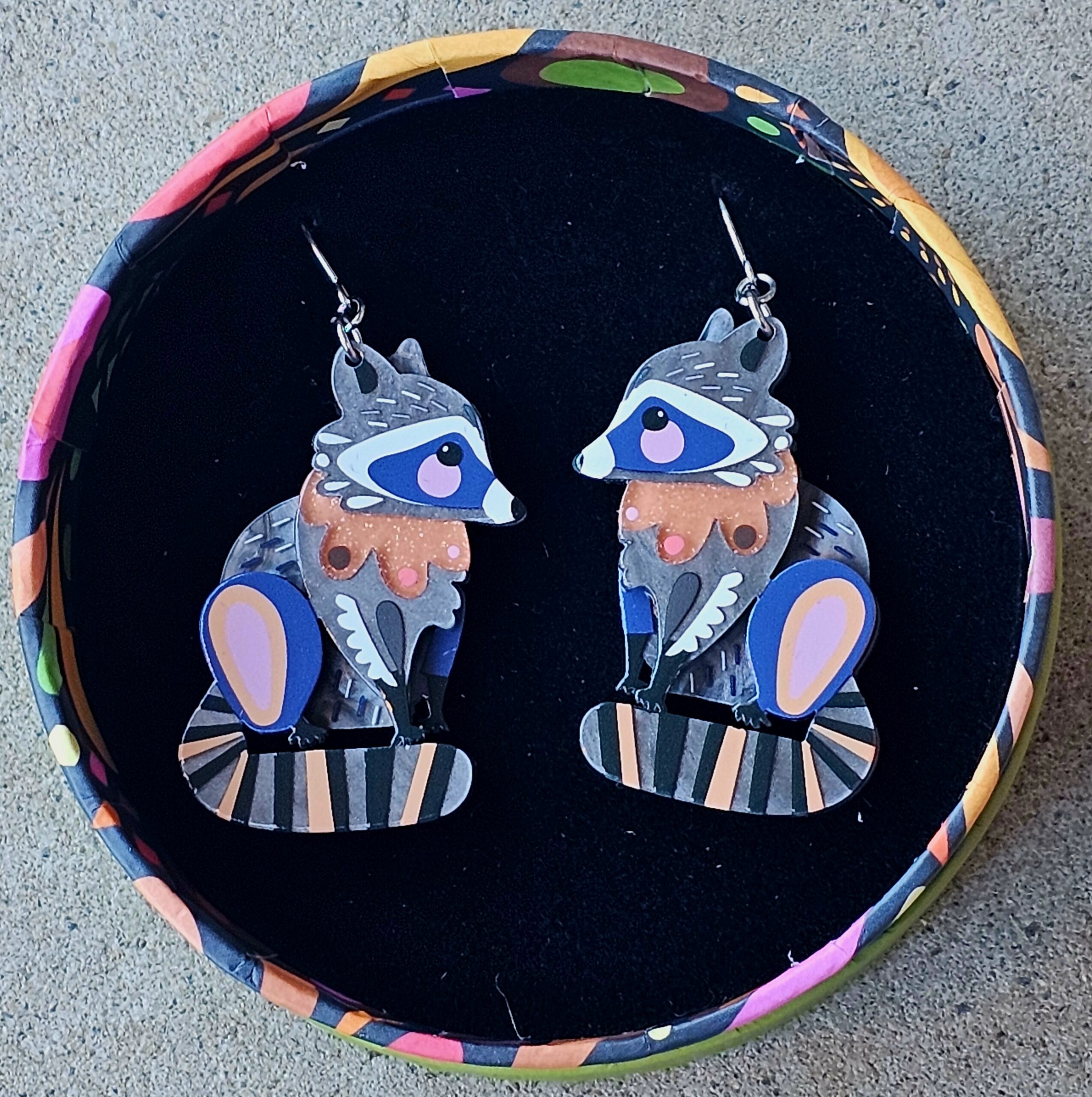 Erswilder Earrings - The Resourceful Raccoon - morpeth antique centre hunter valley erstwilder earrings necklace brooch enamel pin wall art essential pete cromer north america canada woodland wilderness alaska resourceful raccoon