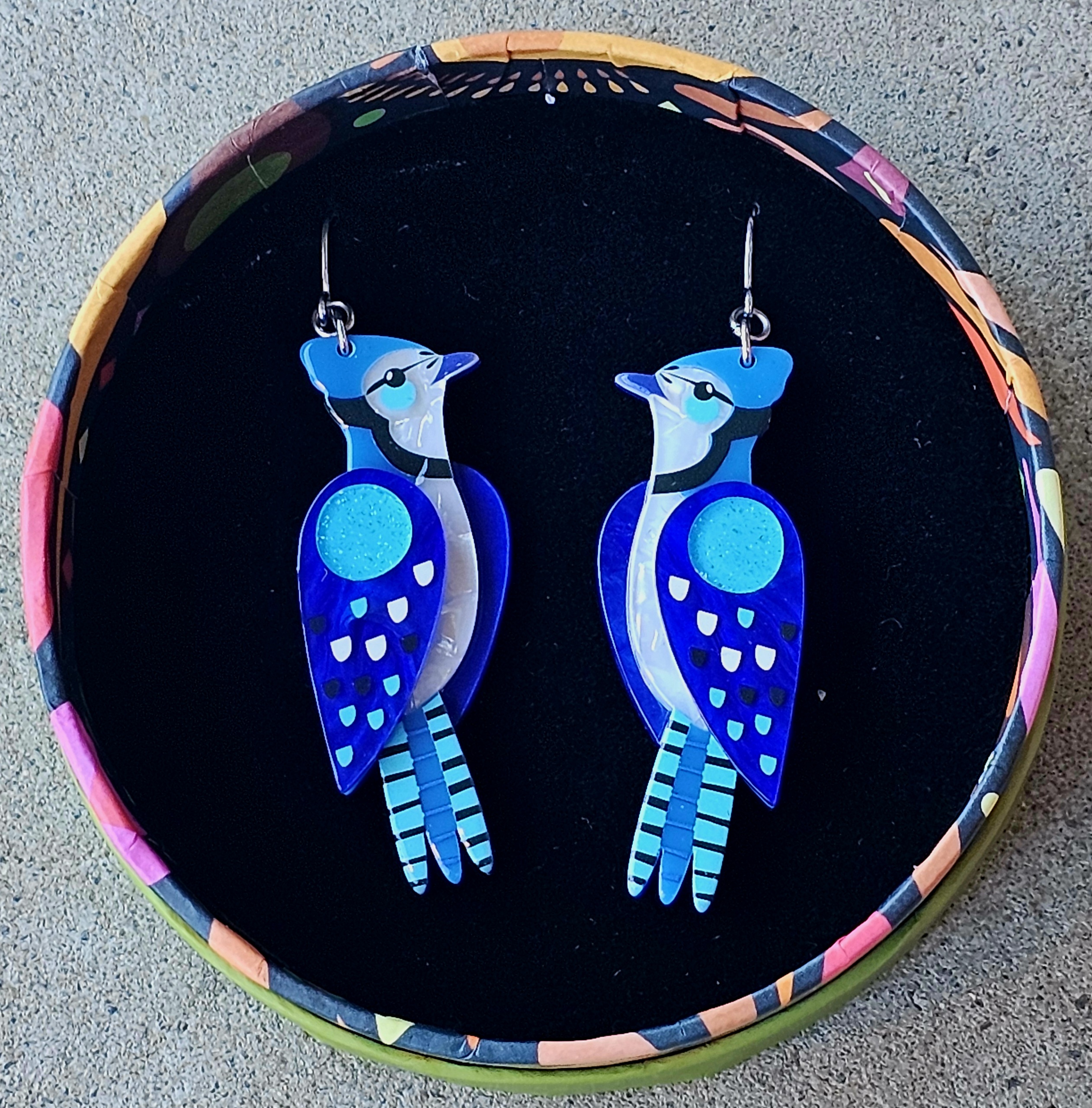 Erstwilder Earrings - The Boisterous Blue Jay - morpeth antique centre hunter valley erstwilder earrings necklace brooch enamel pin wall art essential pete cromer north america canada woodland wilderness alaska boisterous blue jay