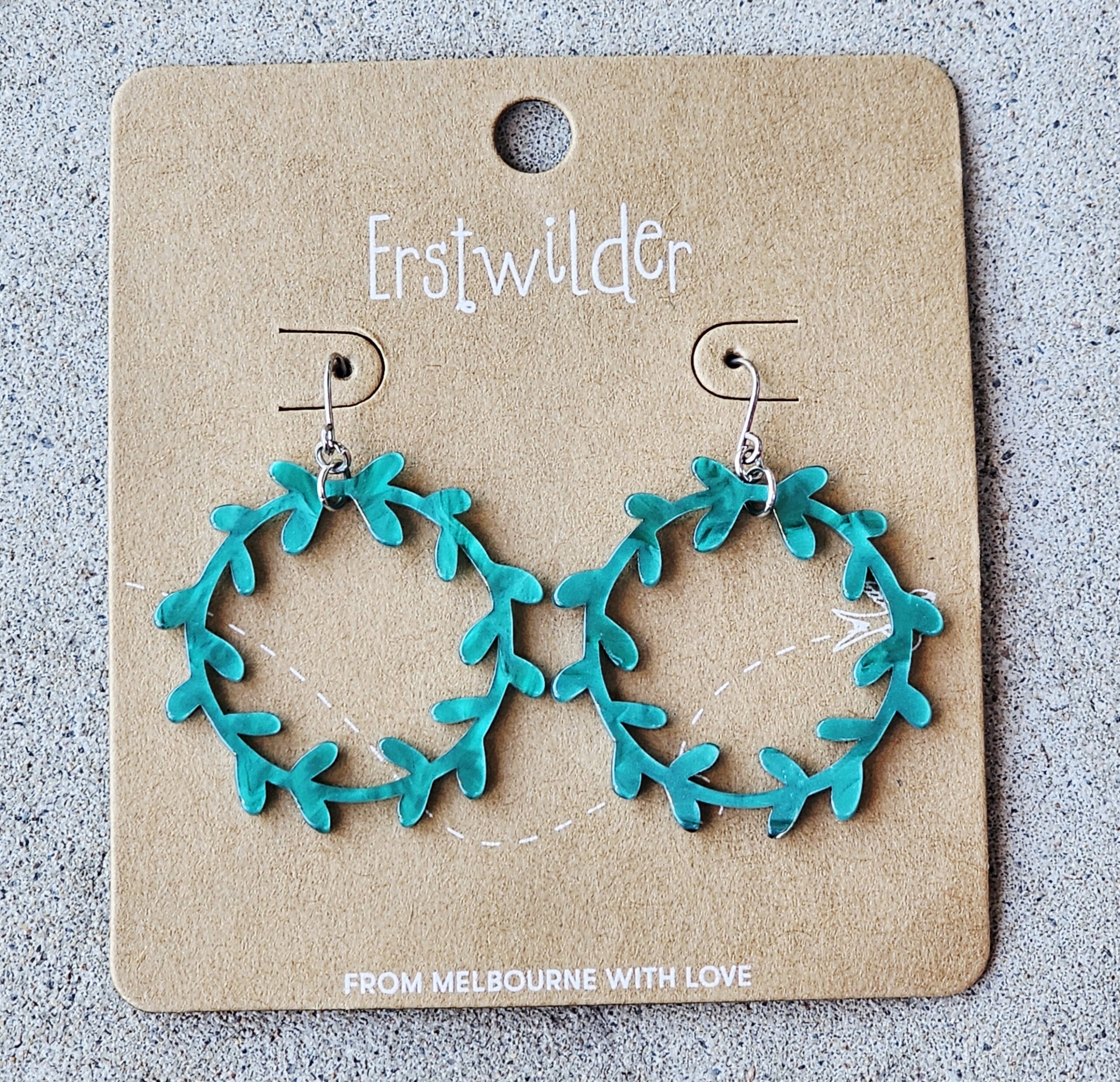 Erstwilder Earrings - Wreath Teal Green - morpeth antique centre hunter valley erstwilder earrings necklace brooch enamel pin wall art essential pete cromer north america canada woodland wilderness alaska laurel wreath green
